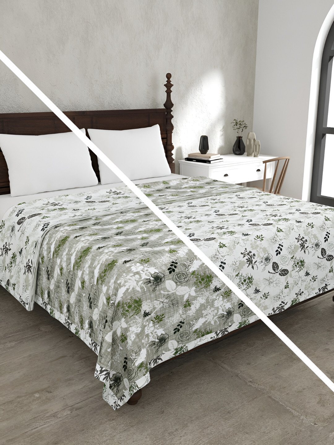 JAIPUR FABRIC Finest Picks Grey & White Floral 150 GSM Cotton Reversible Double Bed Dohar