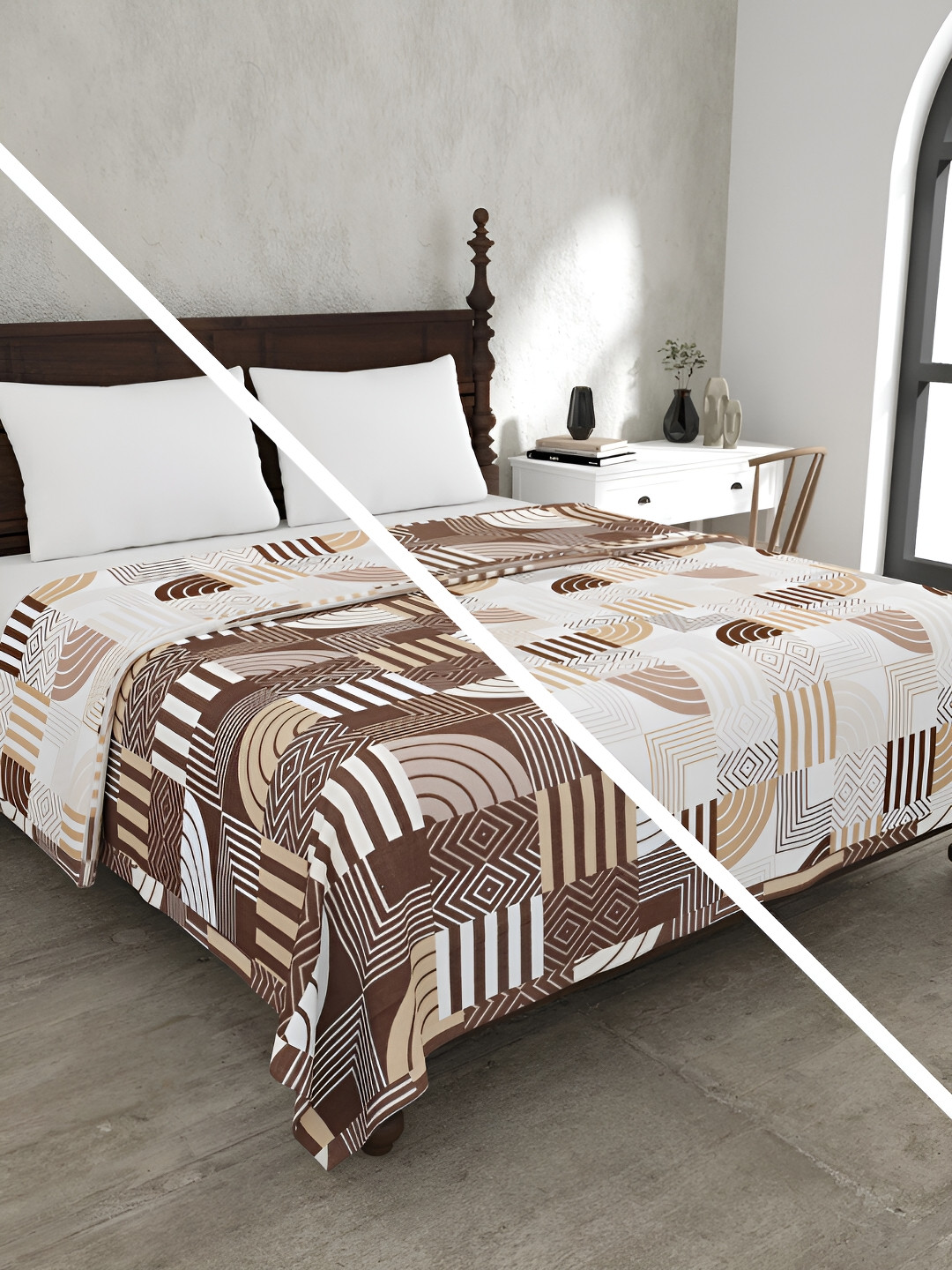 JAIPUR FABRIC Brown & White Geometric 150 GSM Cotton Reversible Double Bed Dohar