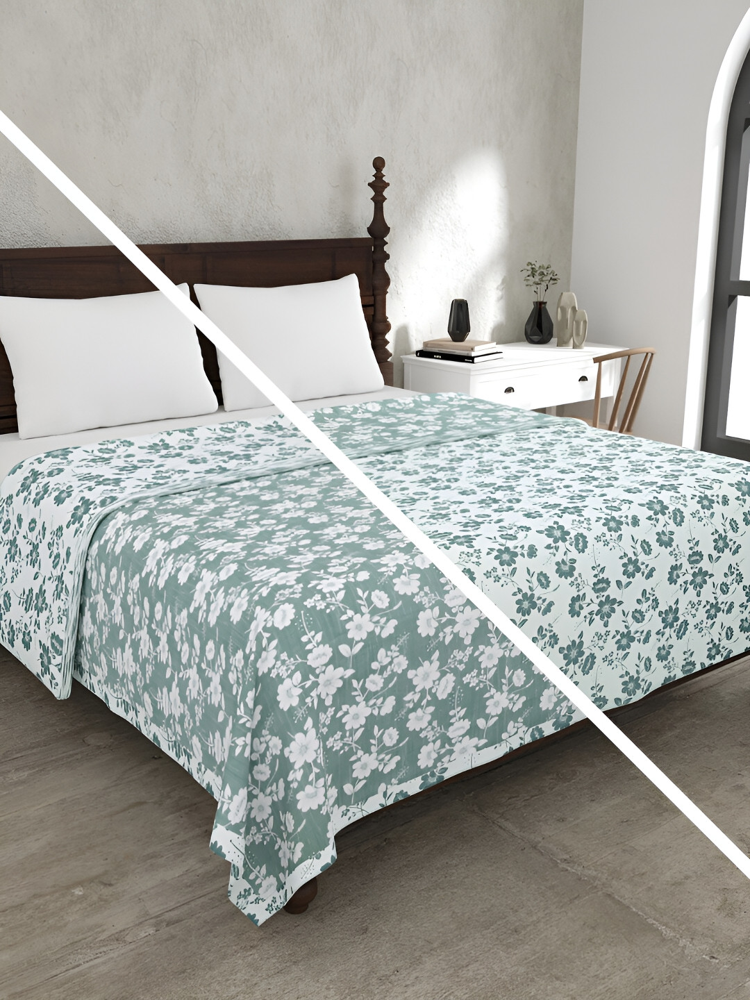JAIPUR FABRIC Summer Revival Green Floral 150 GSM Cotton Reversible Double Bed Dohar