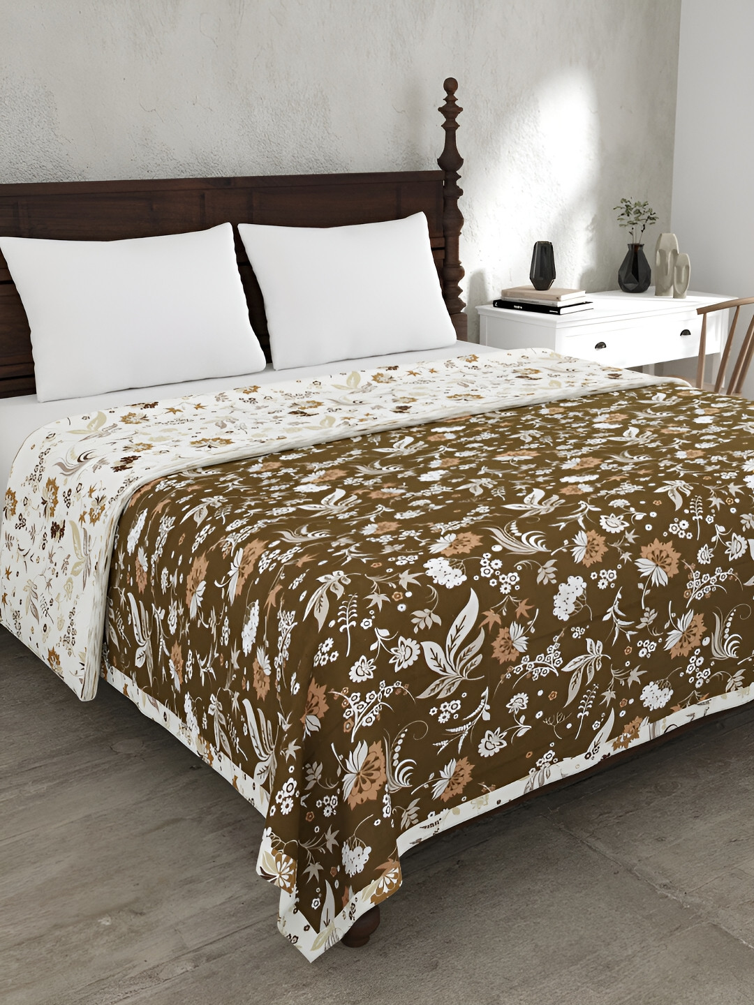 JAIPUR FABRIC Flowery Spring Brown Floral 150 GSM Cotton Reversible Double Bed Dohar