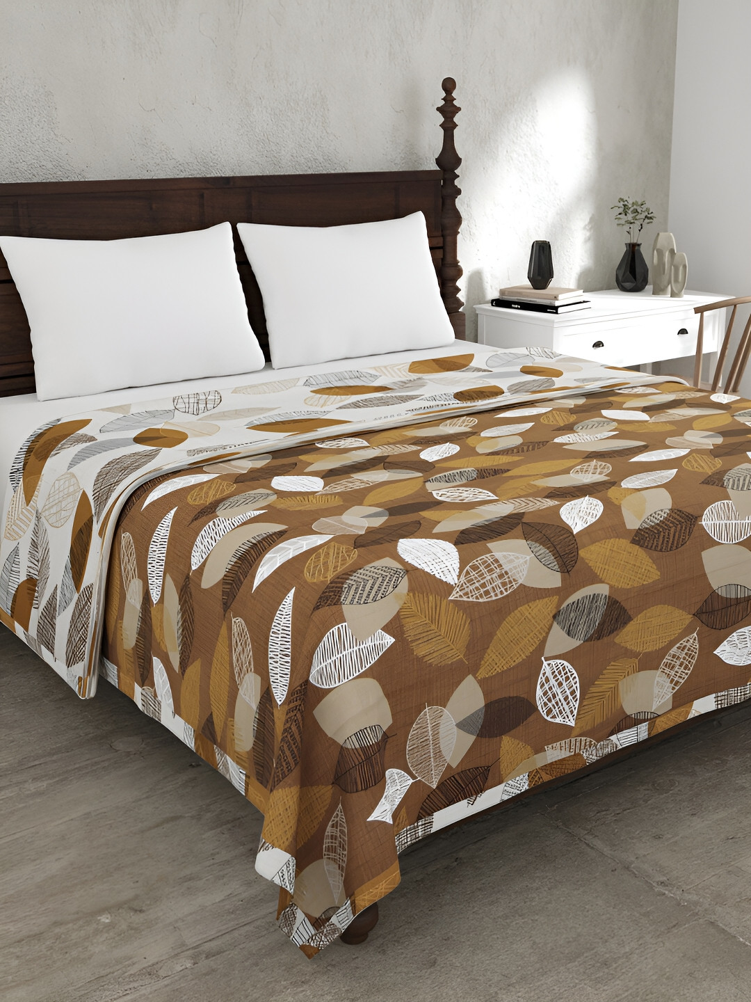 JAIPUR FABRIC Autumn Fall Brown & White Floral 150 GSM Cotton Reversible Double Bed Dohar