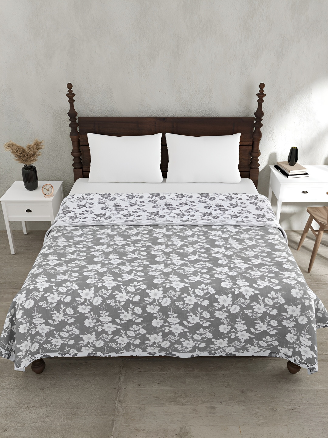 JAIPUR FABRIC Summer Revival Grey Floral 150 GSM Cotton Reversible Double Bed Dohar