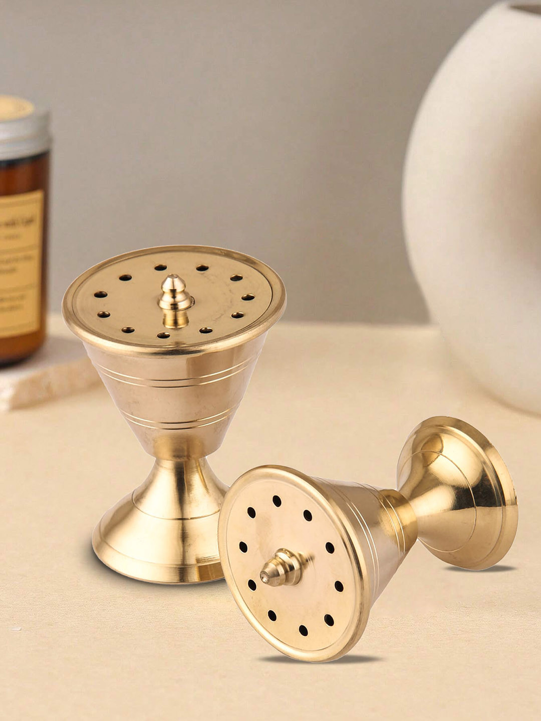 DOKCHAN Gold-Toned Brass Damru Incense Stick Holder