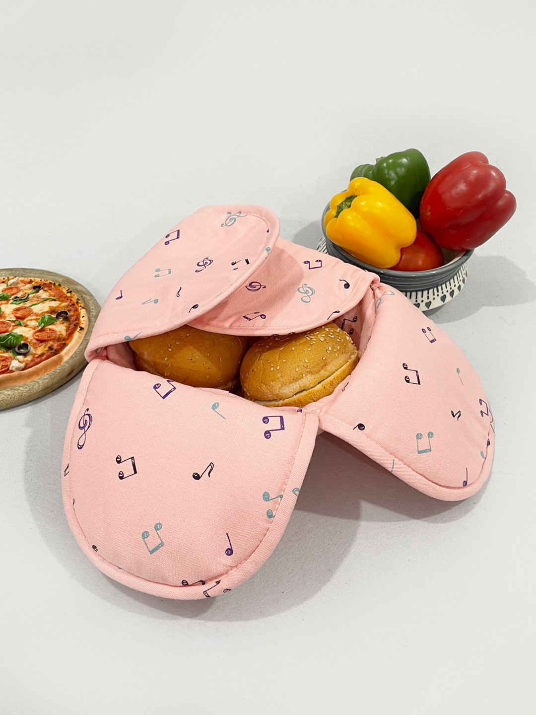 SWAYAM Peach-Coloured & Purple Wooden Bread Basket with Cover