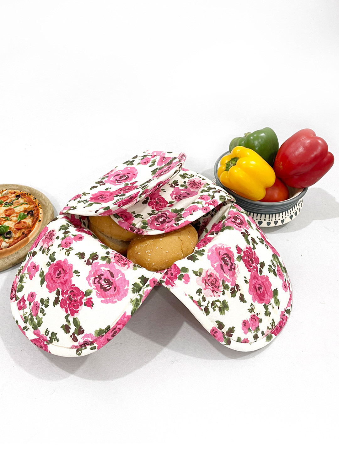 SWAYAM Pink & White Wooden Bread Basket with Cover