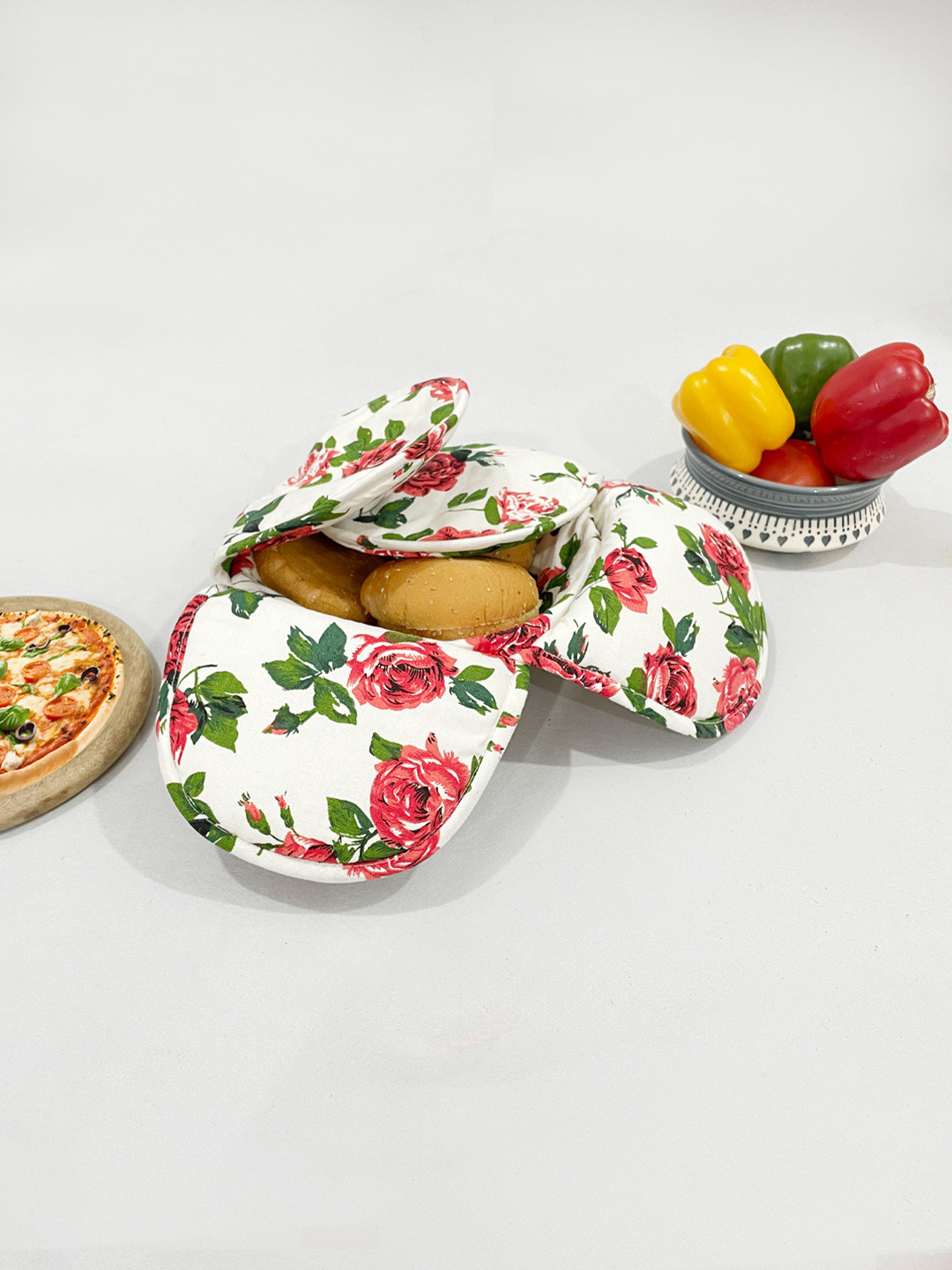 SWAYAM Red & White Wood Bread Basket with Cover