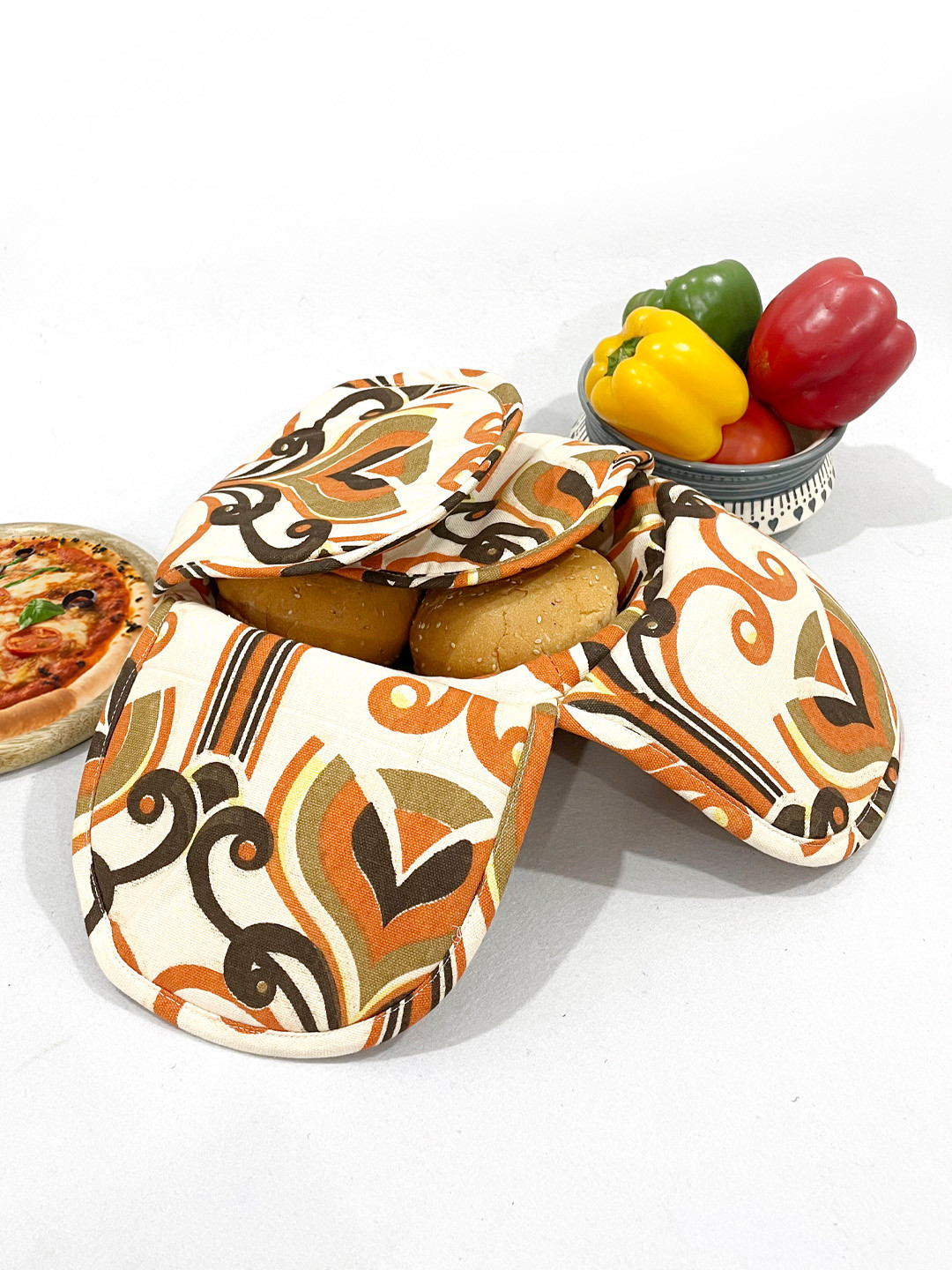 SWAYAM Orange & Off-White Wooden Bread Basket with Cover