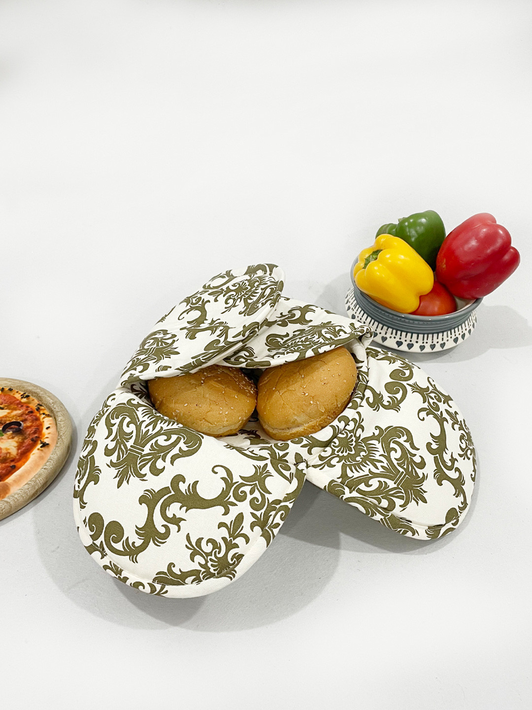 SWAYAM Olive Green & White Wooden Bread Basket with Cover