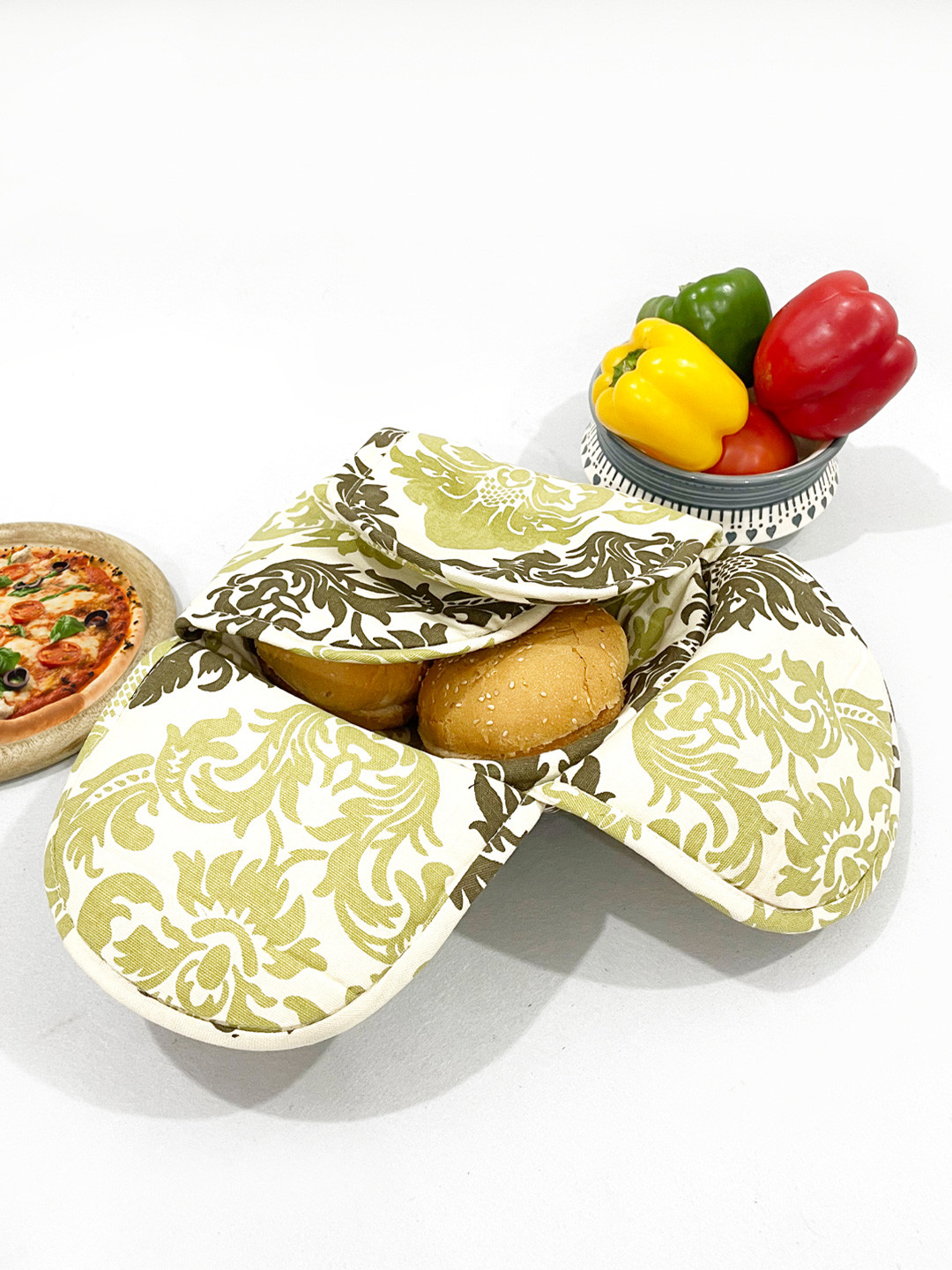 SWAYAM Olive Green & White Wooden Bread Basket with Cover