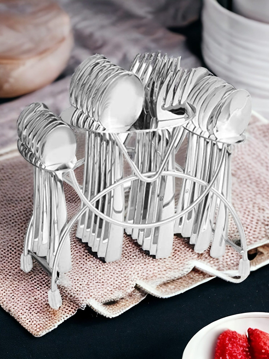 FNS Solo Silver Toned 24 Pcs White Stainless Steel Cutlery Set