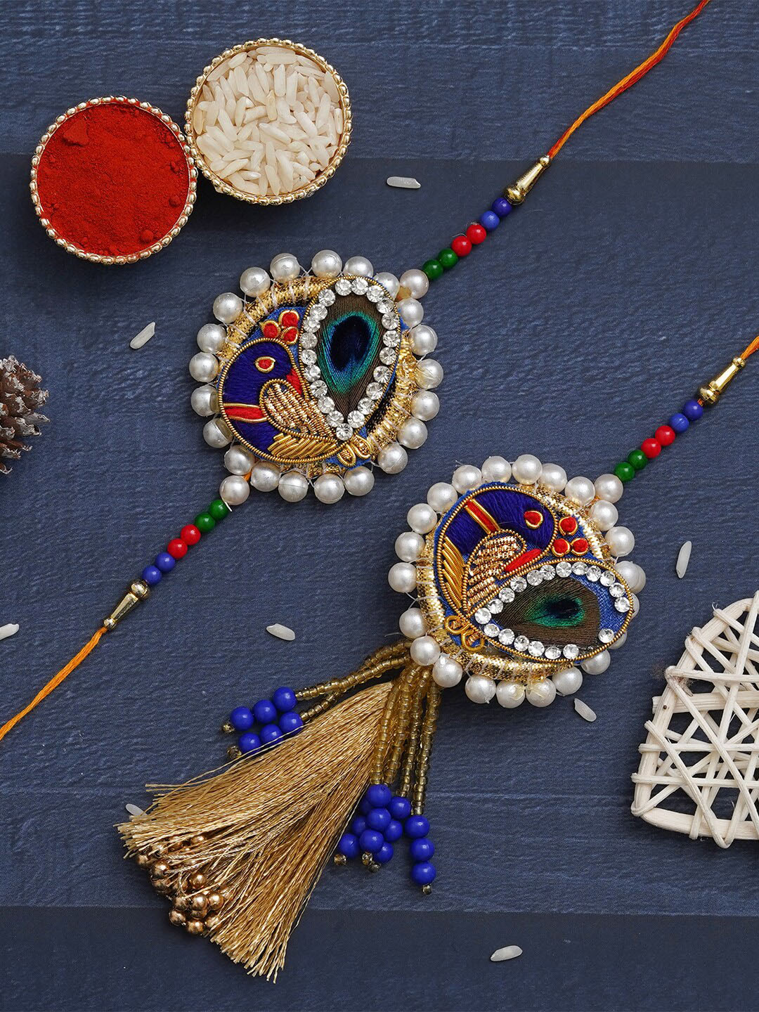 eCraftIndia Set of 2 Peacock & Pearls Bhaiya Bhabhi Thread Rakhi with Roli Chawal