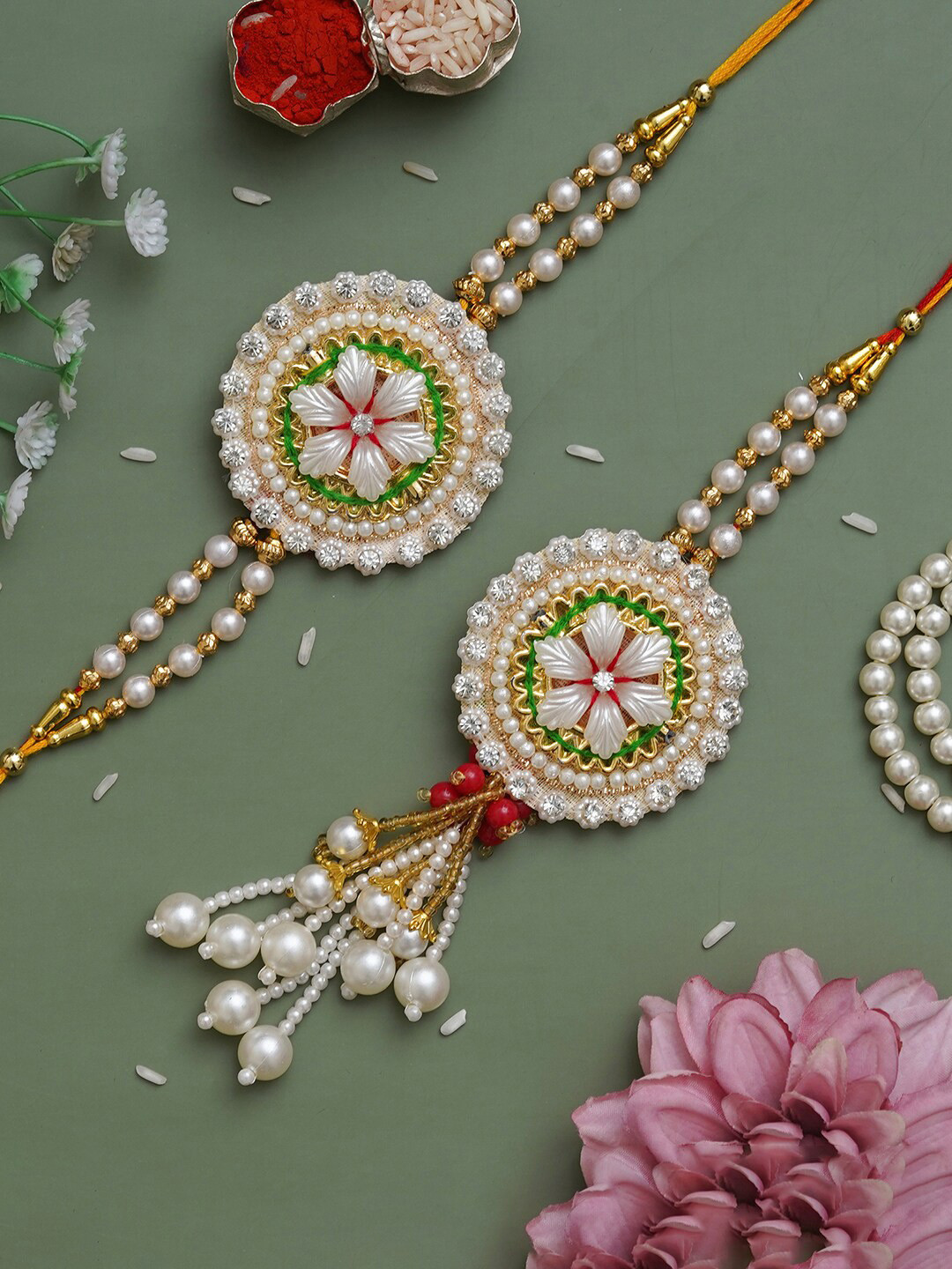 eCraftIndia Set of 2 Floral Design Bhaiya Bhabhi Multistrand Rakhis with Roli Chawal