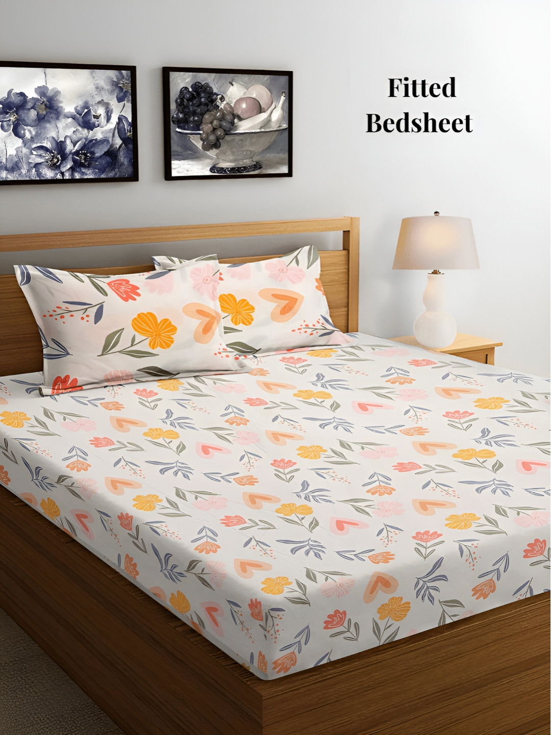 Arrabi Ray Of Flowers Cream Floral Cotton 300 TC Fitted King Fine Bedsheet with 2 Pillow Covers-250 x 215 cm