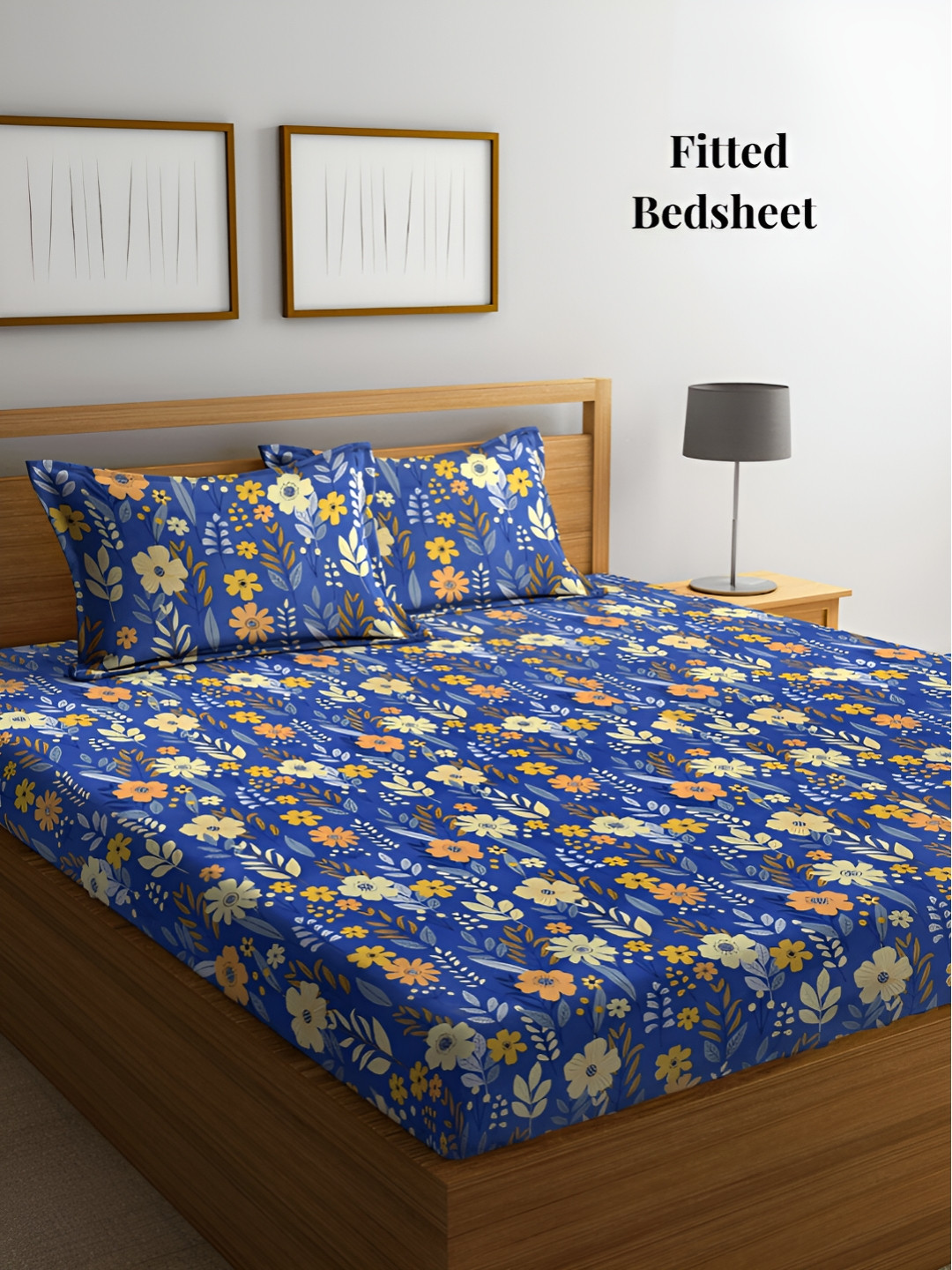 Arrabi Blue Floral Cotton 300 TC Fitted Super King Fine Bedsheet with 2 Pillow Covers-199 x 183 cm