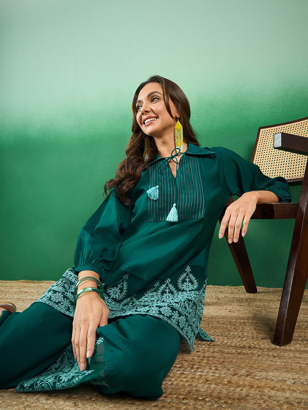 Sangria Sequined Embroidered Shirt Collar Tunic With Palazzos