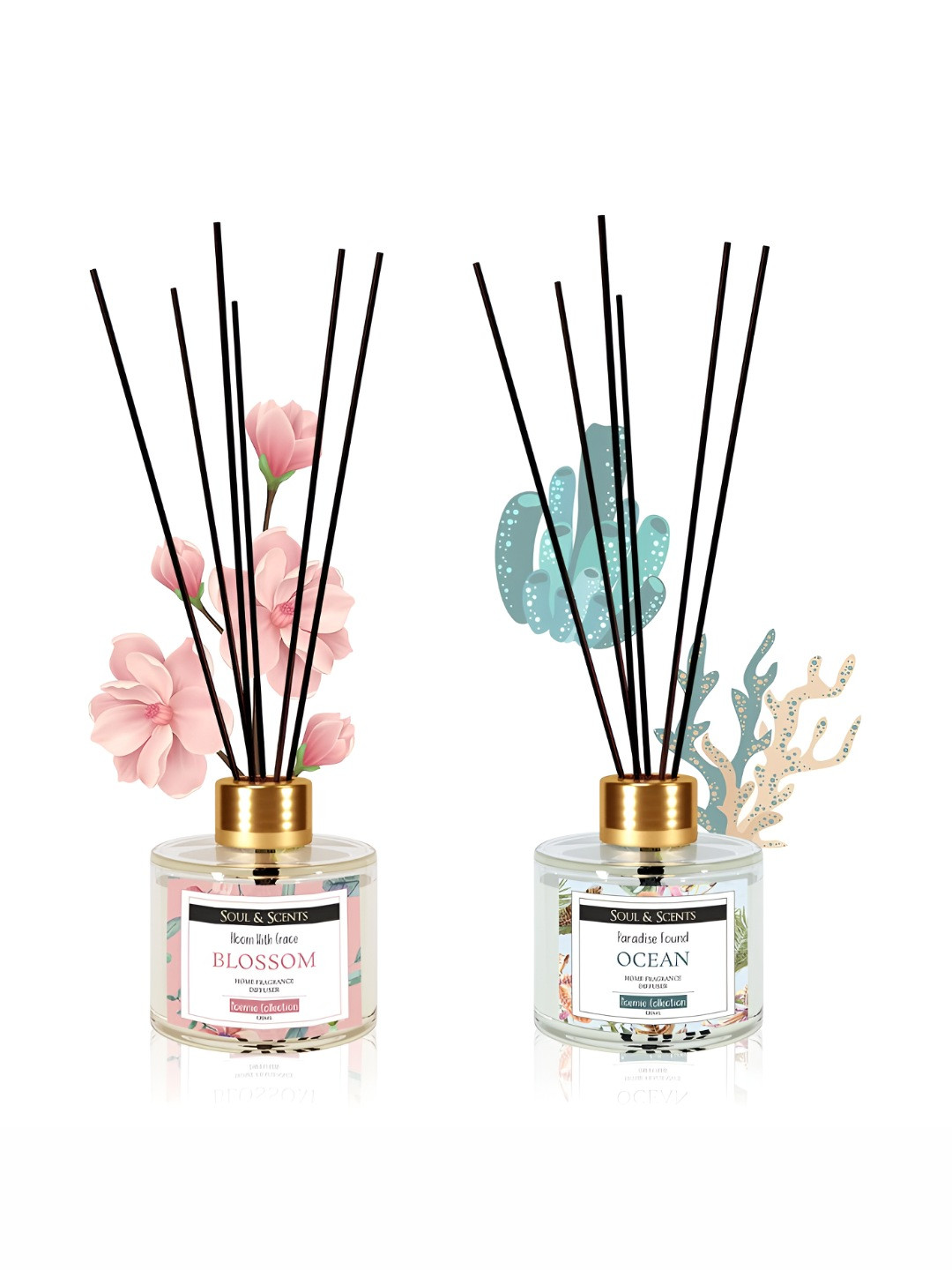 SOUL & SCENTS Ocean and Blossom Reed Diffuser Set Combo Pack of 2-120ml Each