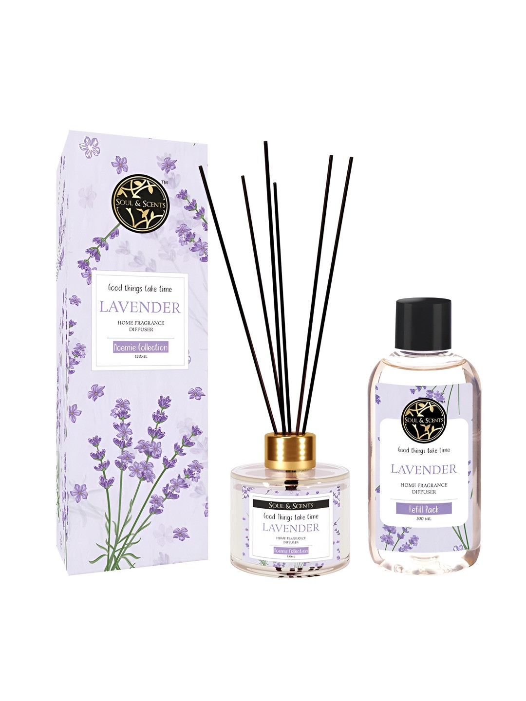 SOUL & SCENTS Lavender Reed Diffuser & Refill Combo Set - 120ml & 300ml