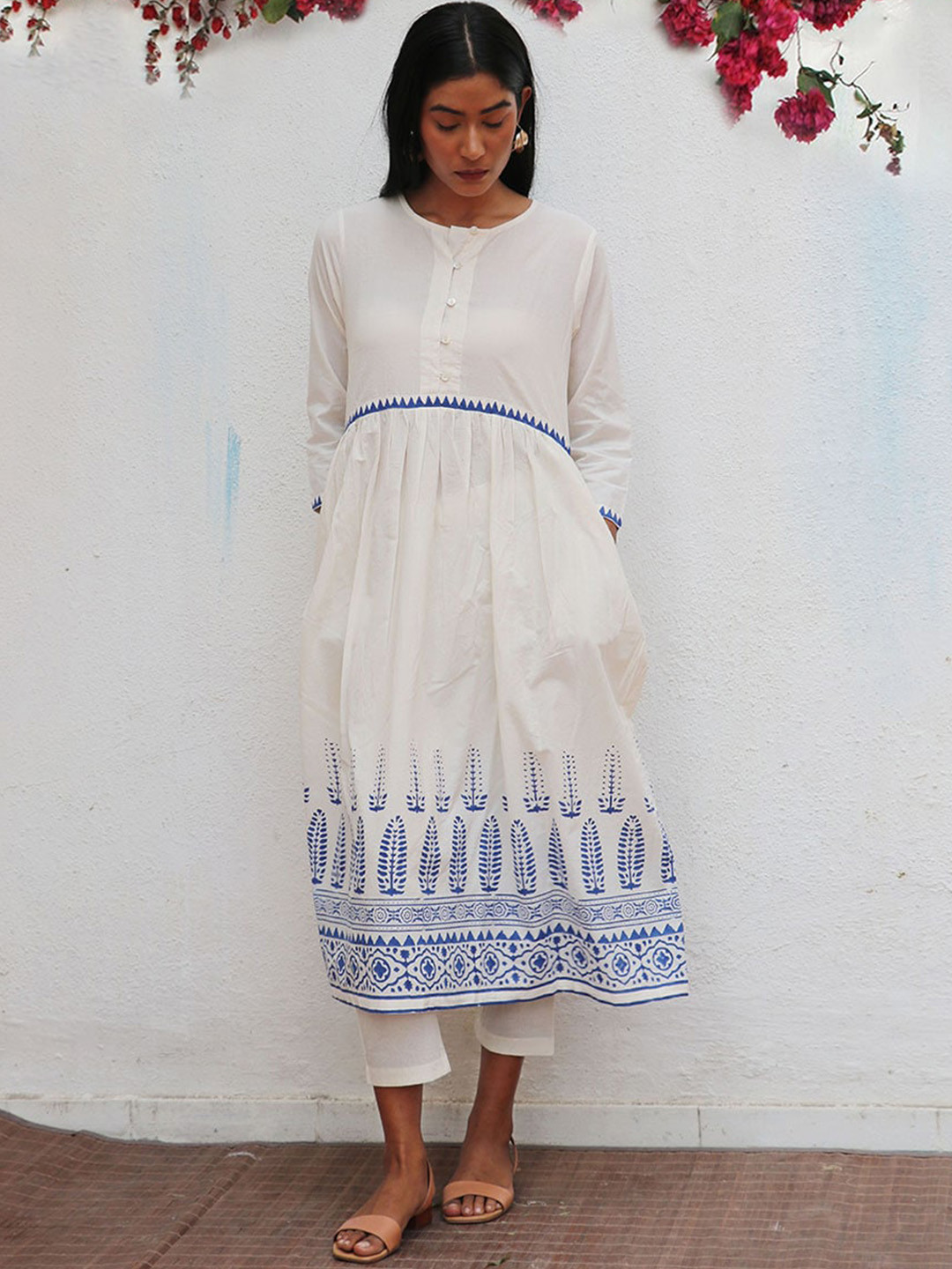 Chidiyaa Mehuli Ethnic Motifs Printed Pleated Pure Cotton A-Line Kurta With Trousers