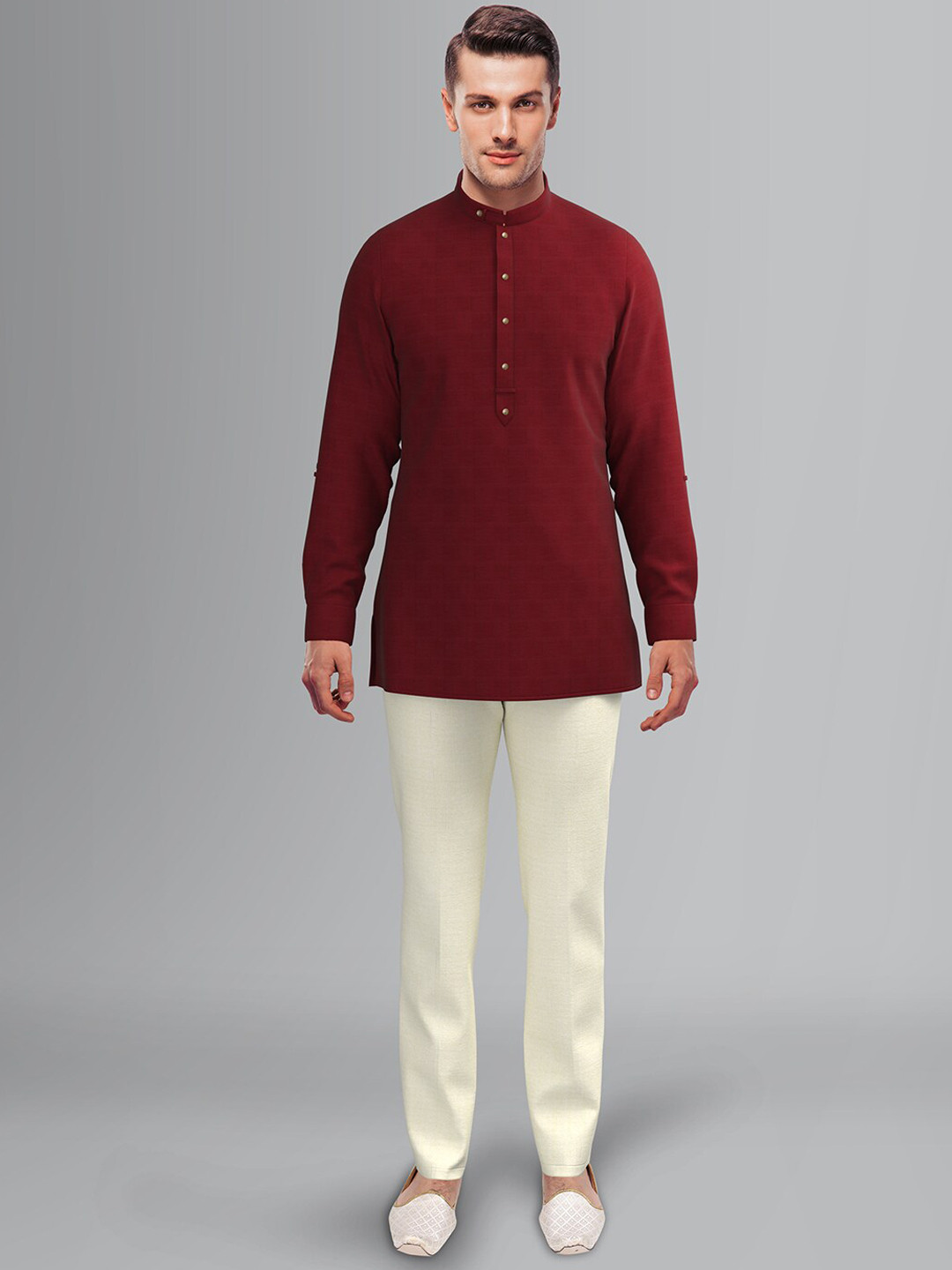 TheEthnic.Co Band Collar Roll Up Sleeves Cotton Straight Kurta
