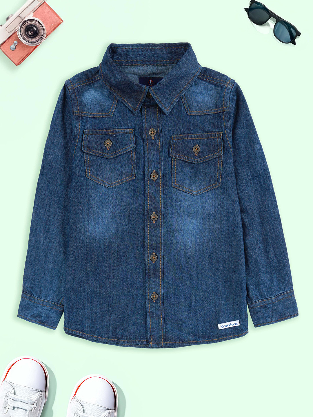 KiddoPanti Boys Double Pocket Faded Opaque Casual Denim Shirt