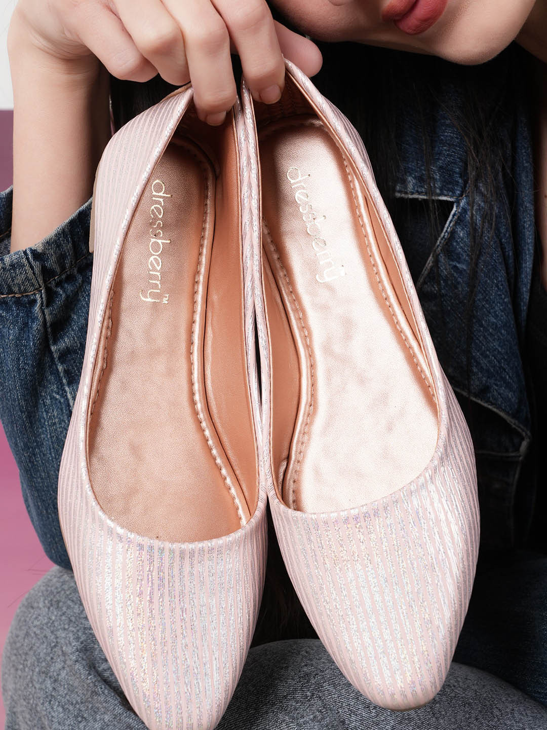 DressBerry Pink Embellished Pointed Toe Ballerinas