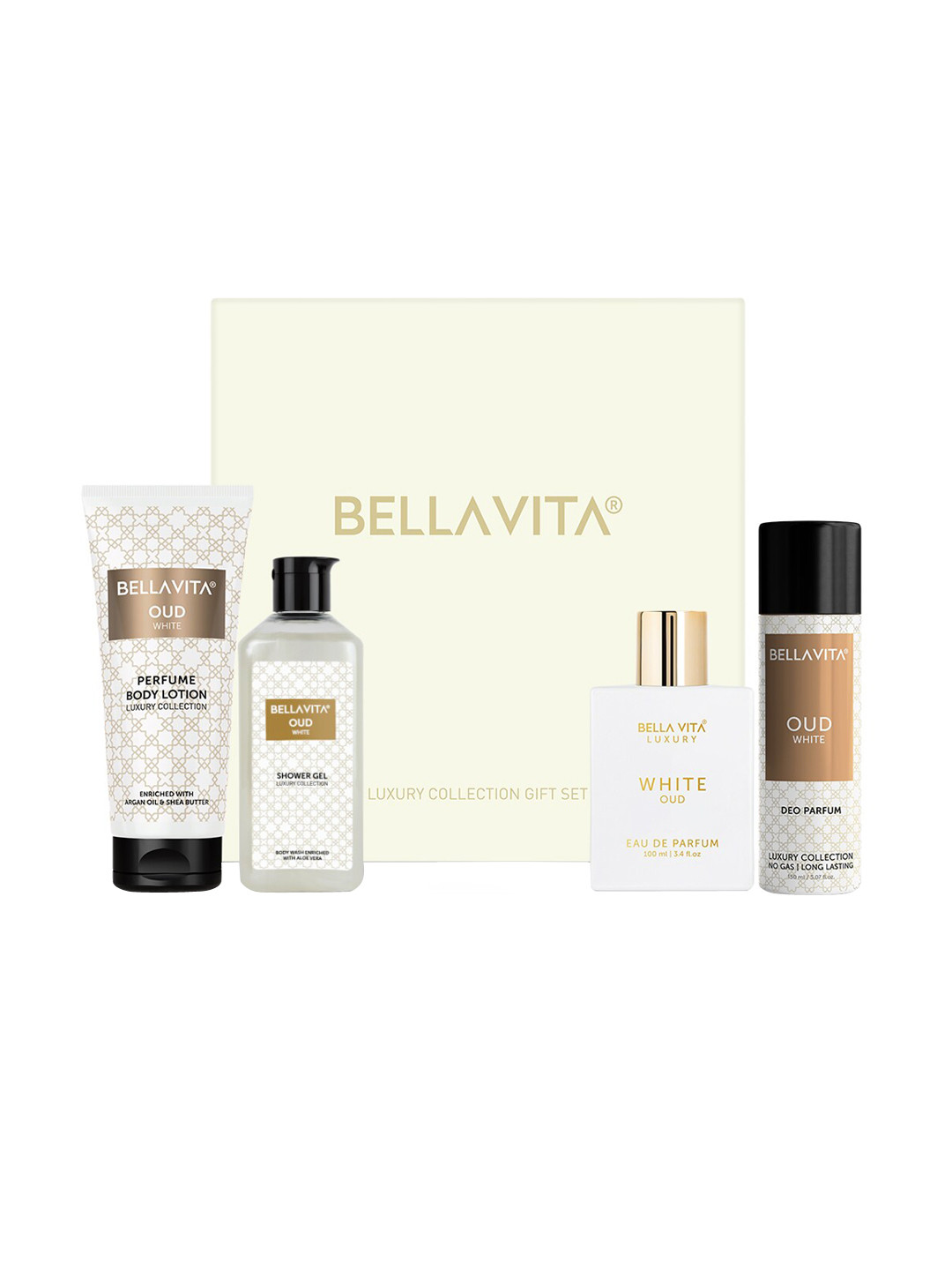Bella Vita Organic Set Of 4 Oud White Shower Gel-Body Lotion-EDP & Deodorant Gift Set