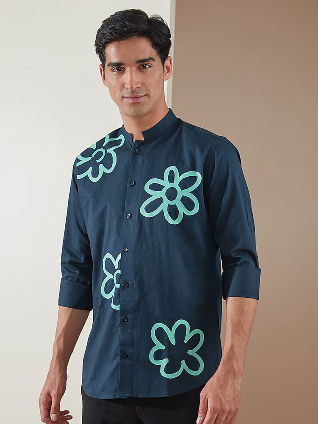 HE SPOKE Smart Tailored Fit Mandarin Collar Long Sleeves Cotton Casual Shirt