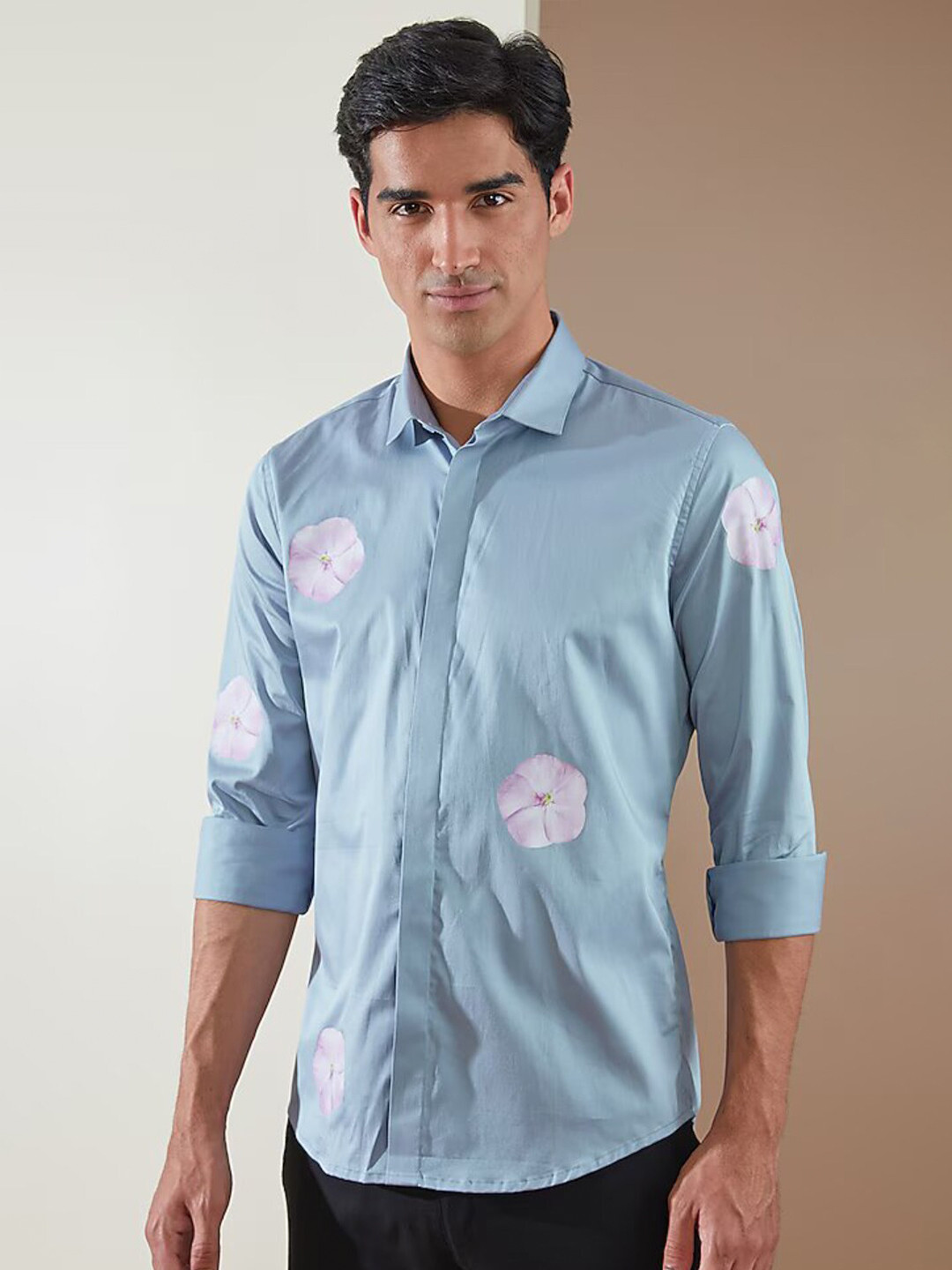 HE SPOKE Smart Tailored Fit Printed Spread Collar Long Sleeves Cotton Casual Shirt