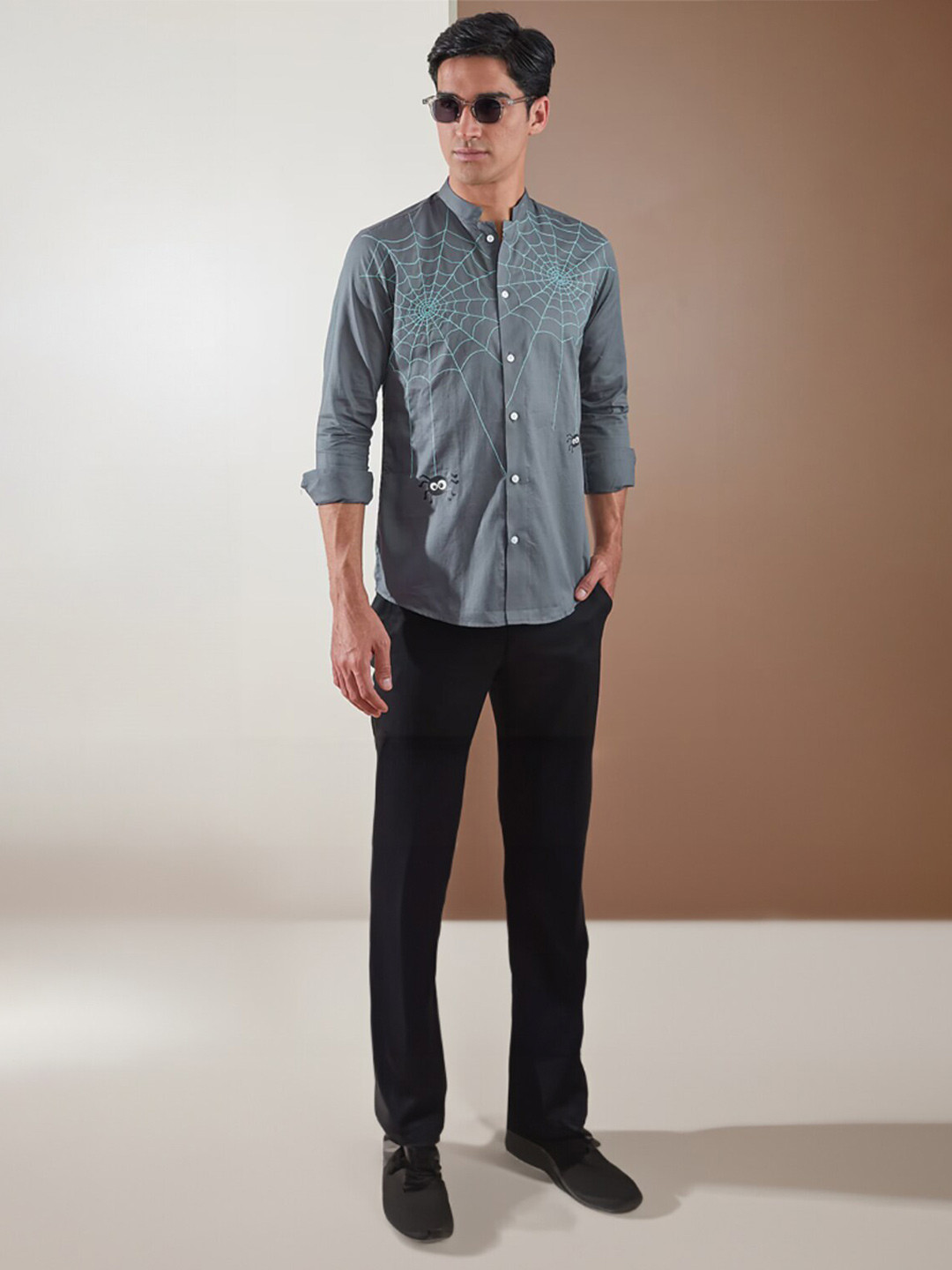 HE SPOKE Smart Tailored Fit Geometric Printed Mandarin Collar  Twill Weave Cotton Shirt