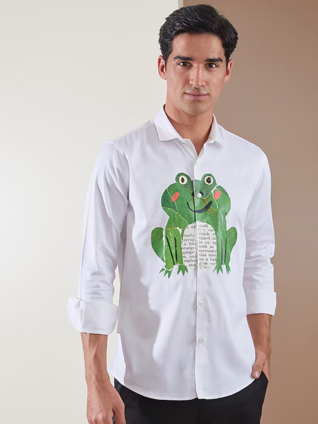 HE SPOKE Smart Tailored Fit Graphic Printed Spread Collar Twill Weave Cotton Shirt