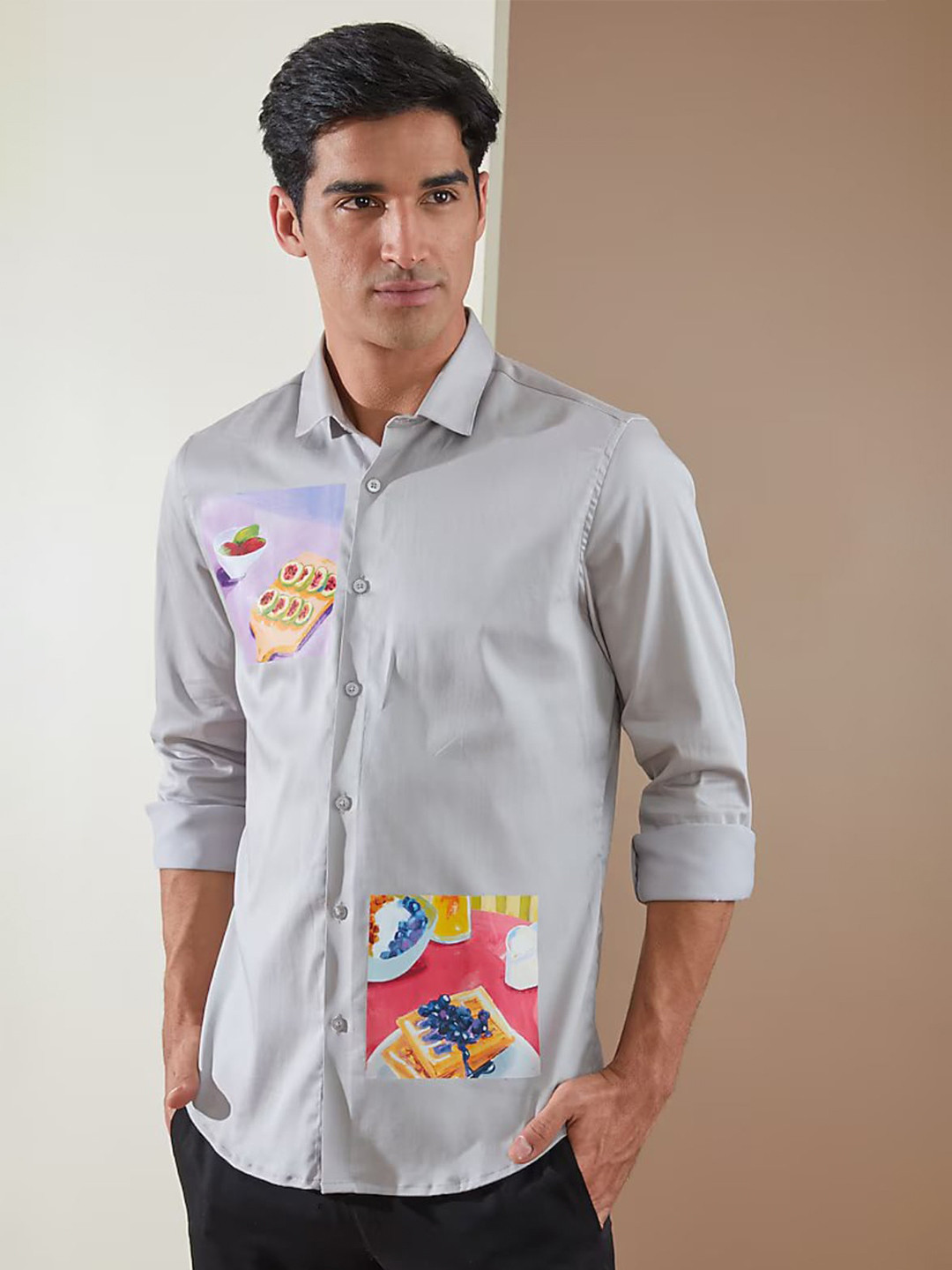 HE SPOKE Smart Tailored Fit Graphic Printed Spread Collar Twill Weave Cotton Shirt