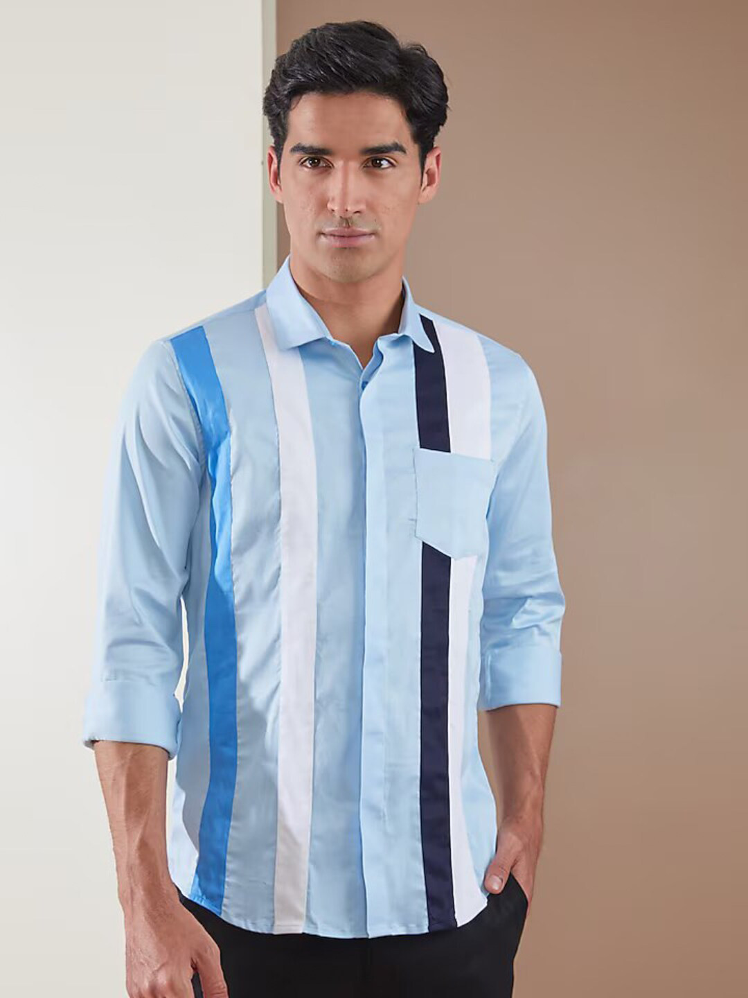 HE SPOKE Smart Tailored Fit Striped Applique Casual Shirt