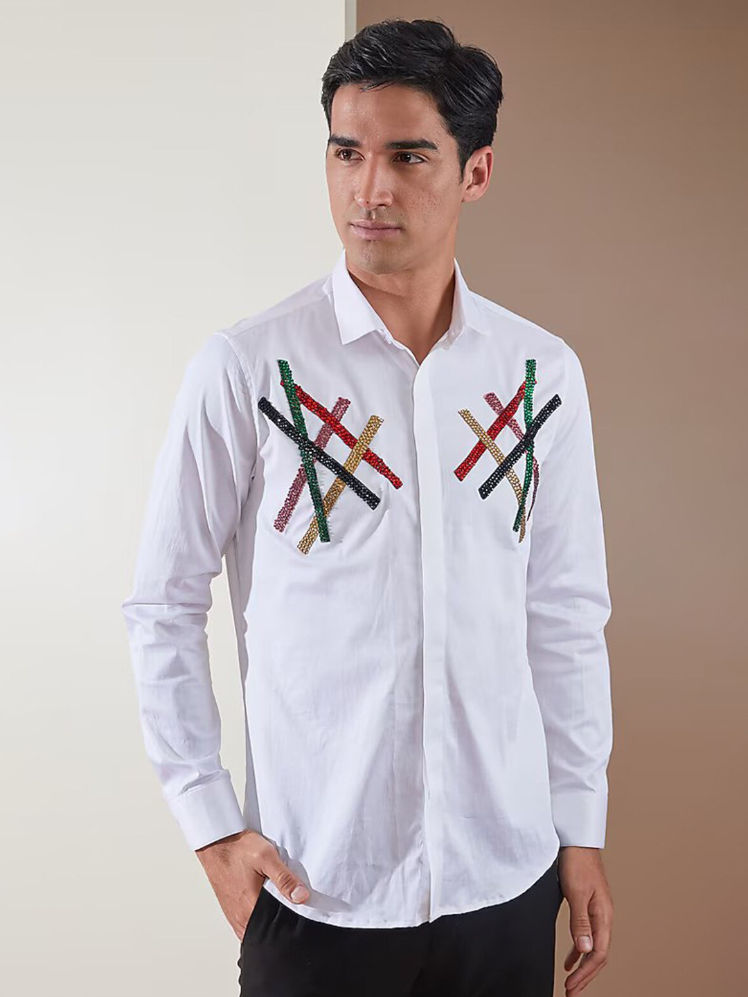 HE SPOKE Smart Tailored Fit Stones Embellished Cotton Shirt