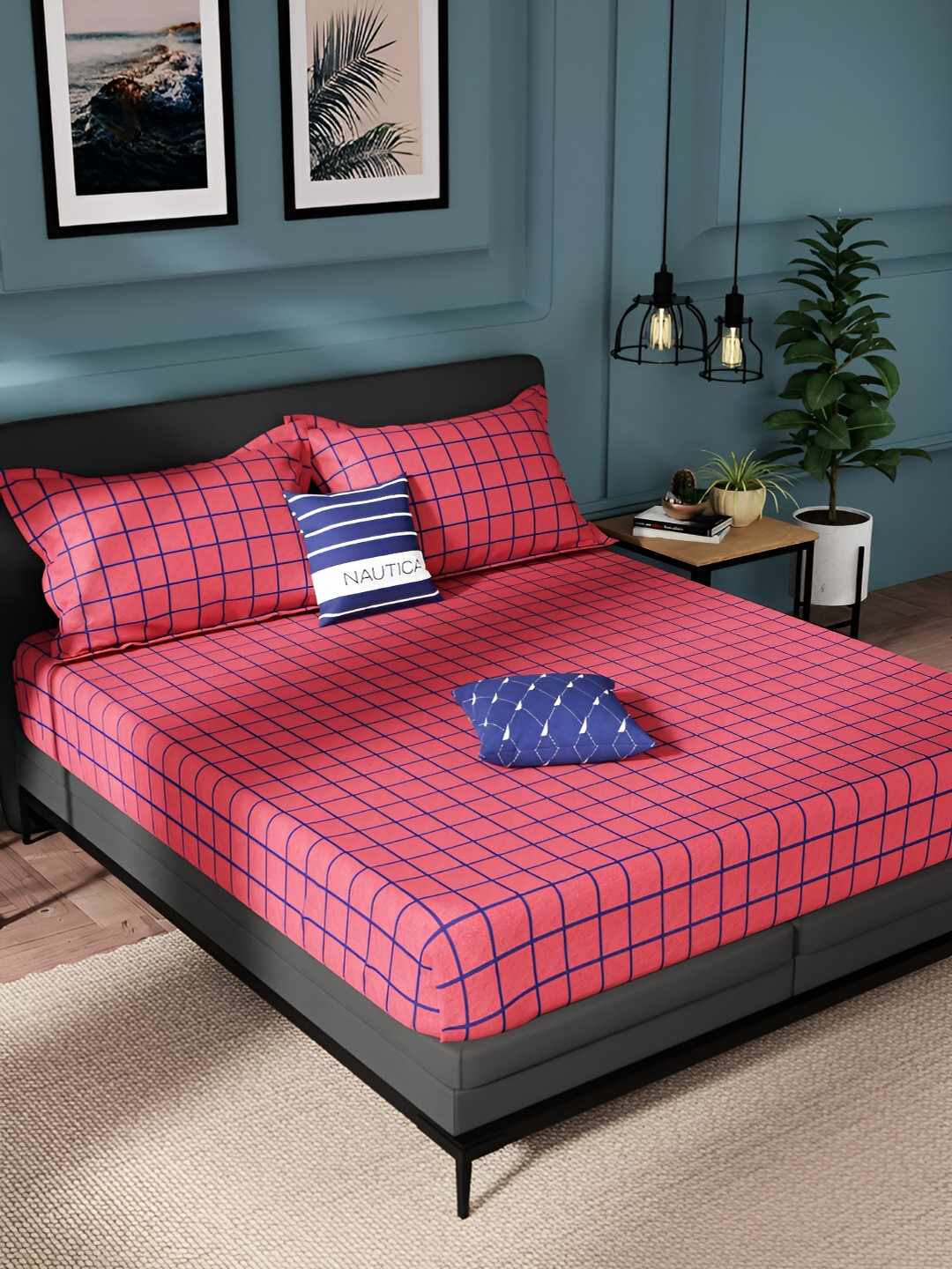 Nautica Red Checked Pure Cotton Anti-Microbial 150 TC King Bedsheet with 2 Pillow Covers-90 x 108 inches