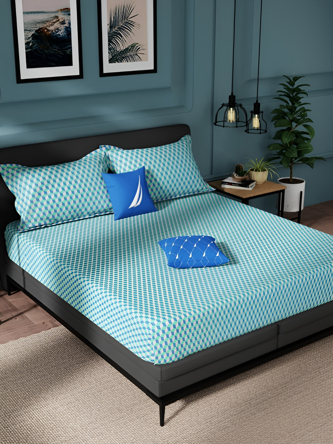 Nautica Blue & Green Geometric Pure Cotton 150 TC King Bedsheet With 2 Pillow Covers