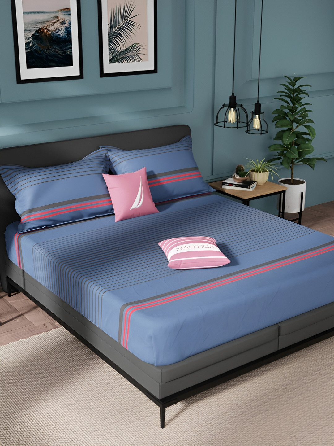 Nautica Blue Striped Pure Cotton Anti-Microbial 150 TC King Bedsheet with 2 Pillow Covers-90 x 108 inches