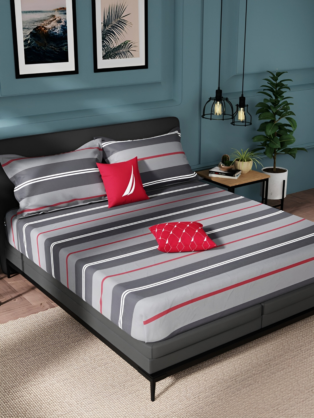 Nautica Grey Striped Pure Cotton Anti-Microbial 150 TC King Bedsheet with 2 Pillow Covers-229 x 274 cm