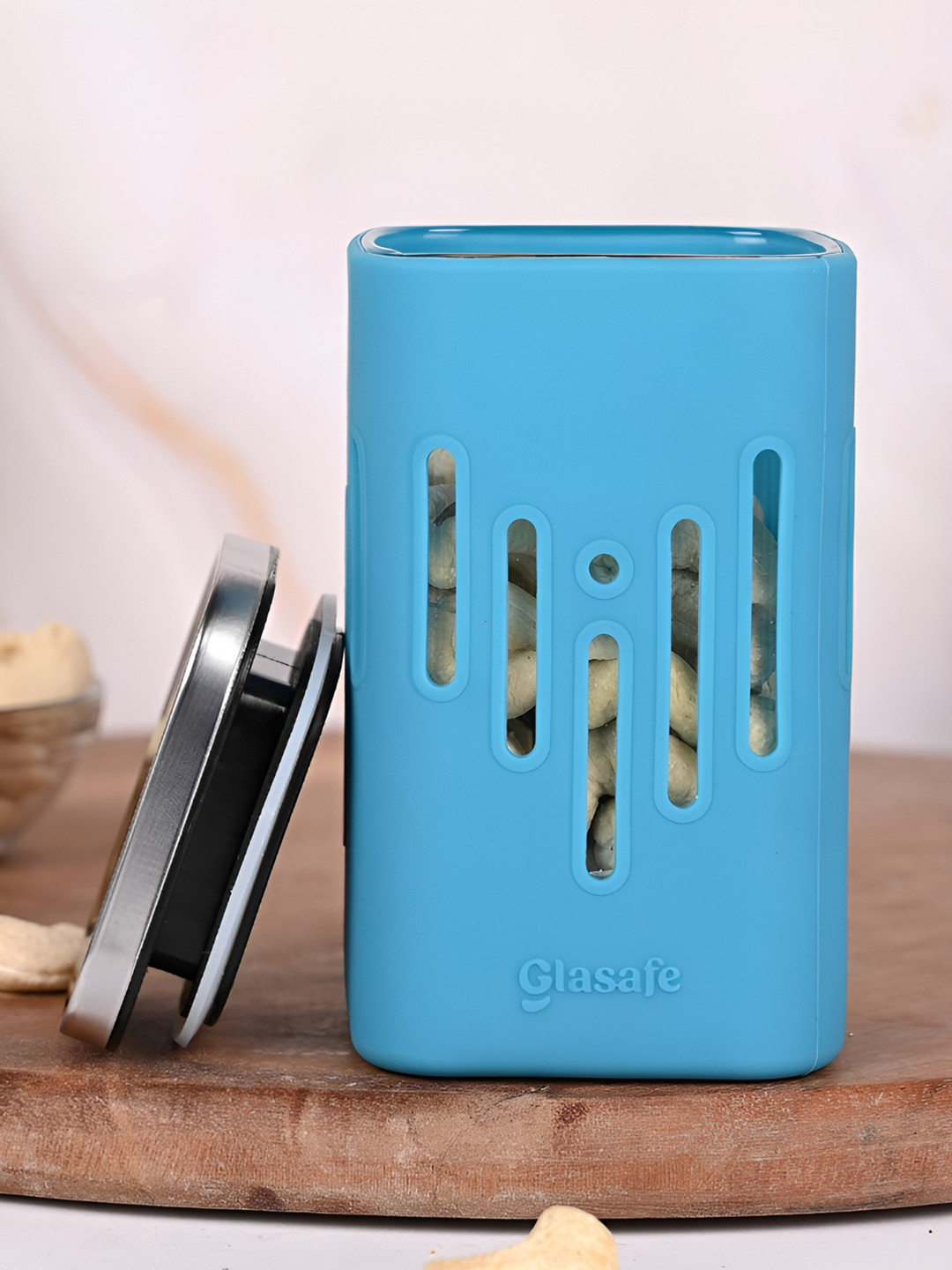 Glasafe Store 'O' Grip Blue Borosilicate Glass Dishwasher Safe Flip Top Graduated Container-250ml