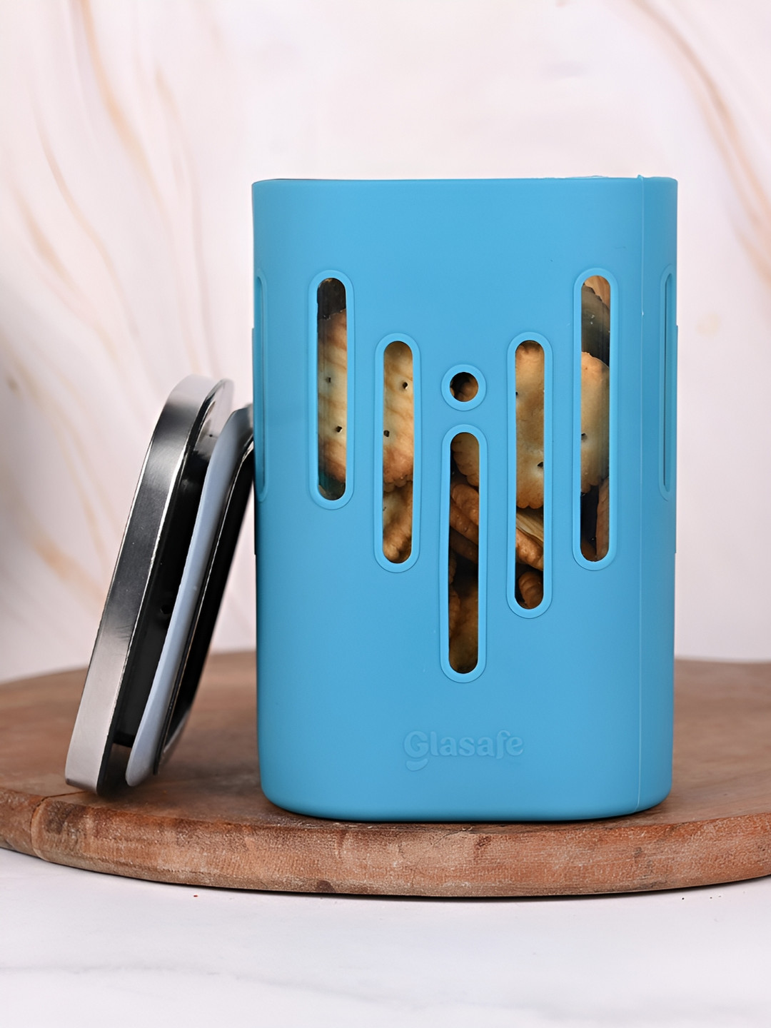 Glasafe O' Grip Blue Striped Borosilicate Glass Dishwasher Safe Clip-On Graduated Container-1.2L