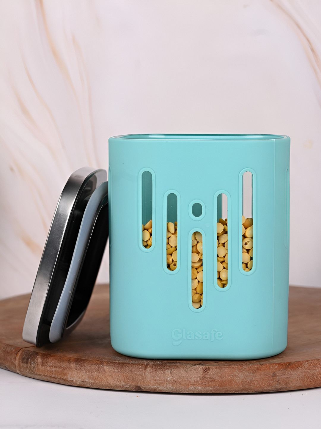 Glasafe Store 'O' Grip Green Striped Borosilicate Glass Dishwasher Safe Clip-On Graduated Container-900ml