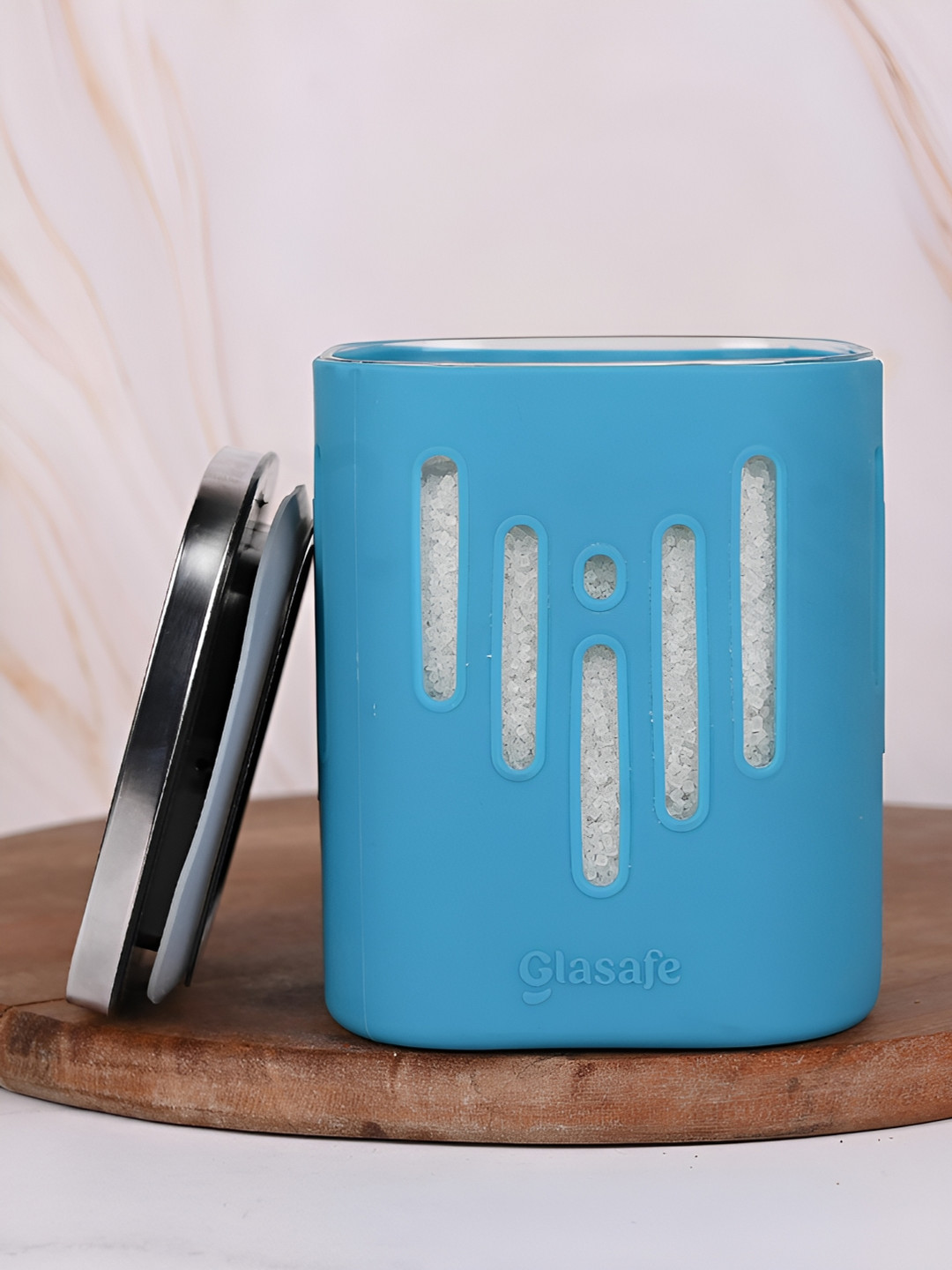 Glasafe Store 'O' Grip Blue Borosilicate Glass Dishwasher Safe Flip Top Graduated Container-600ml