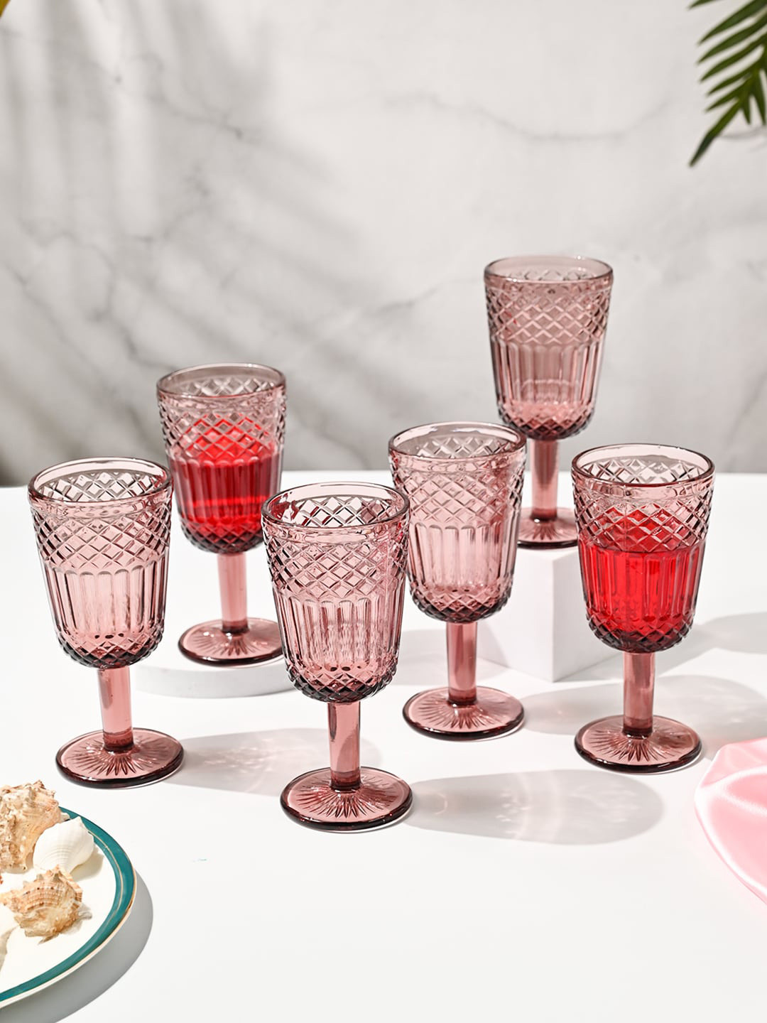 MARKET99 Red & Transparent 6 Pieces Glass Wine Glass Bar and Drinkware 300 ml