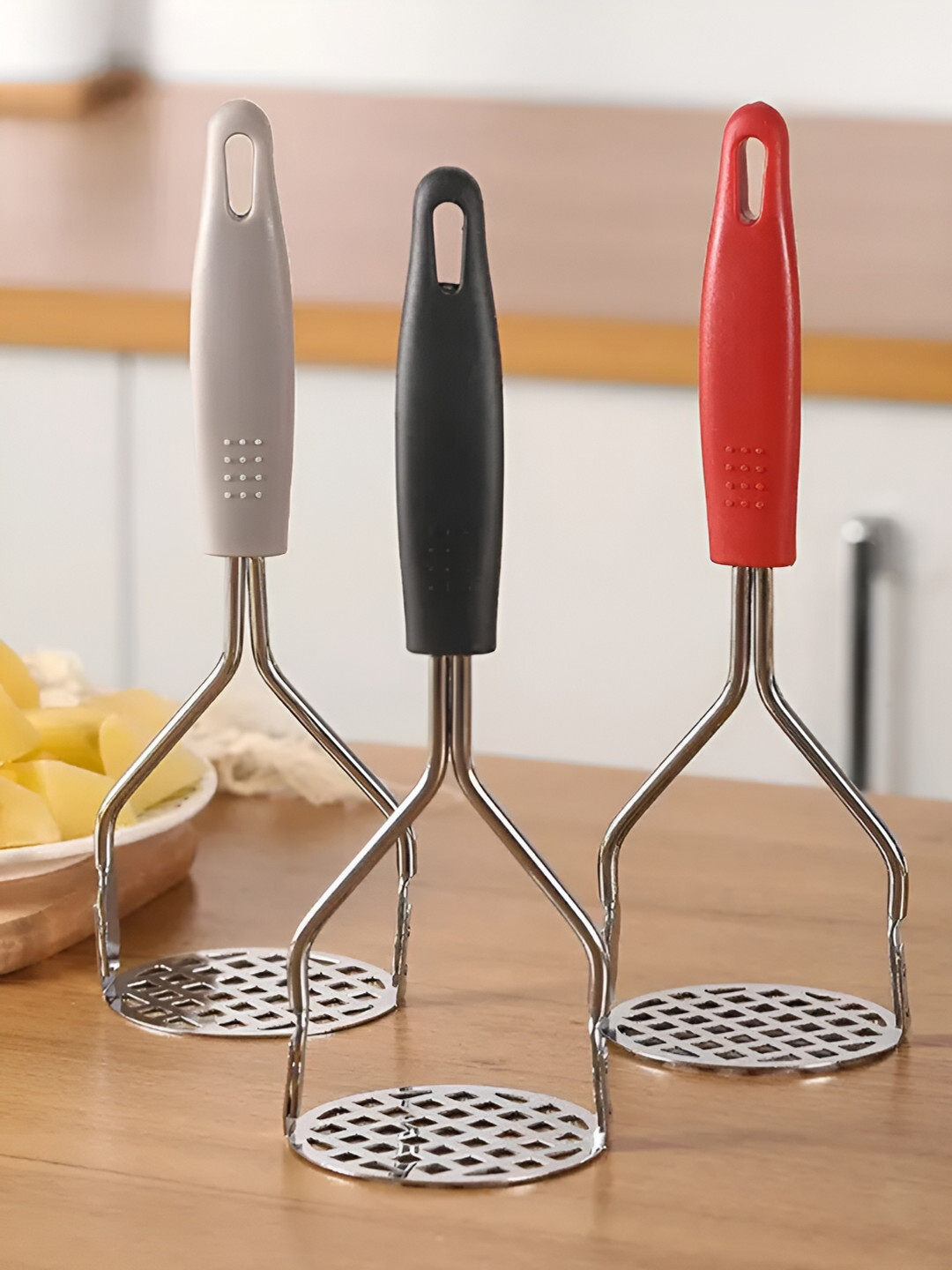 UniKart Black & Red 3 Pieces Textured Stainless Steel Mashers
