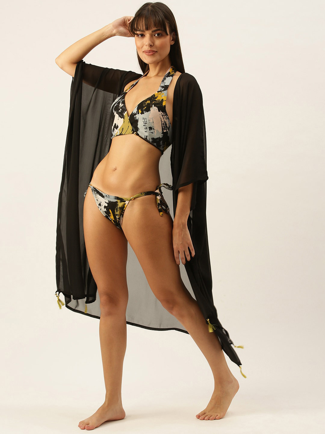 SECRETS BY ZEROKAATA Abstract Print Bikini Swimwear Cover Up Set