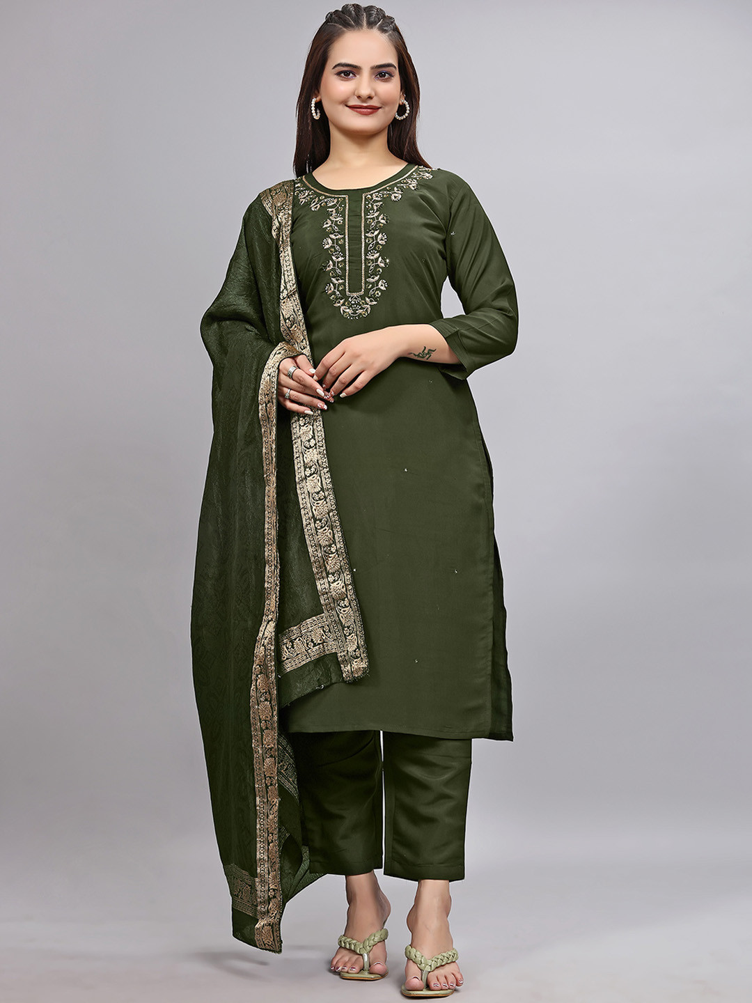 Kinjo Floral Embroidered Beads & Stones Straight Kurta with Trousers & Dupatta