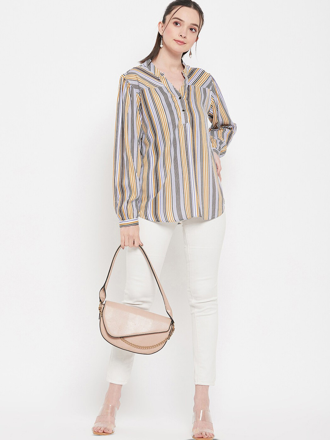 Ruhaans Striped Mandarin Collar Shirt Style Top