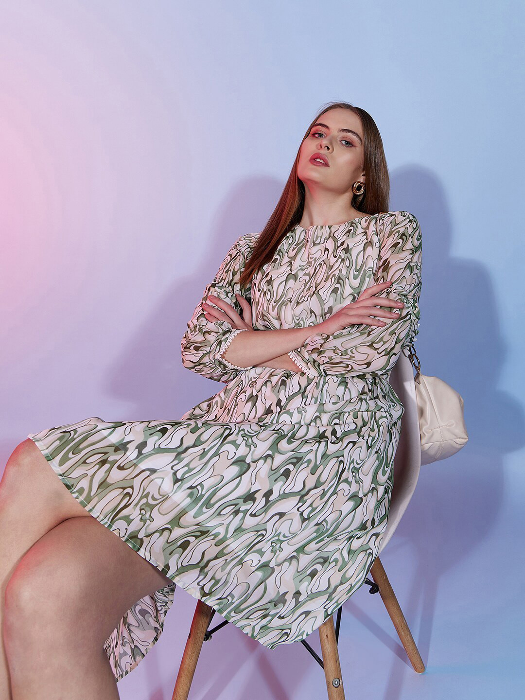 DressBerry Green Floral Print Georgette Gathered Or Pleated Fit & Flare Midi Dress