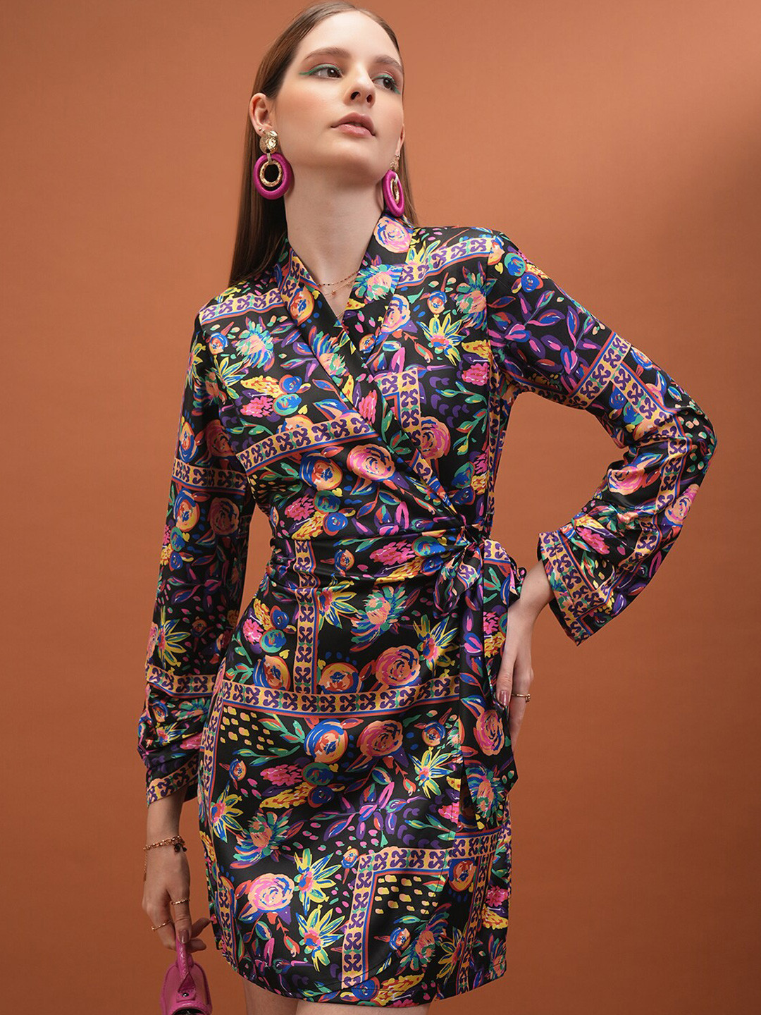 Tokyo Talkies Black Floral Printed Wrap Dress