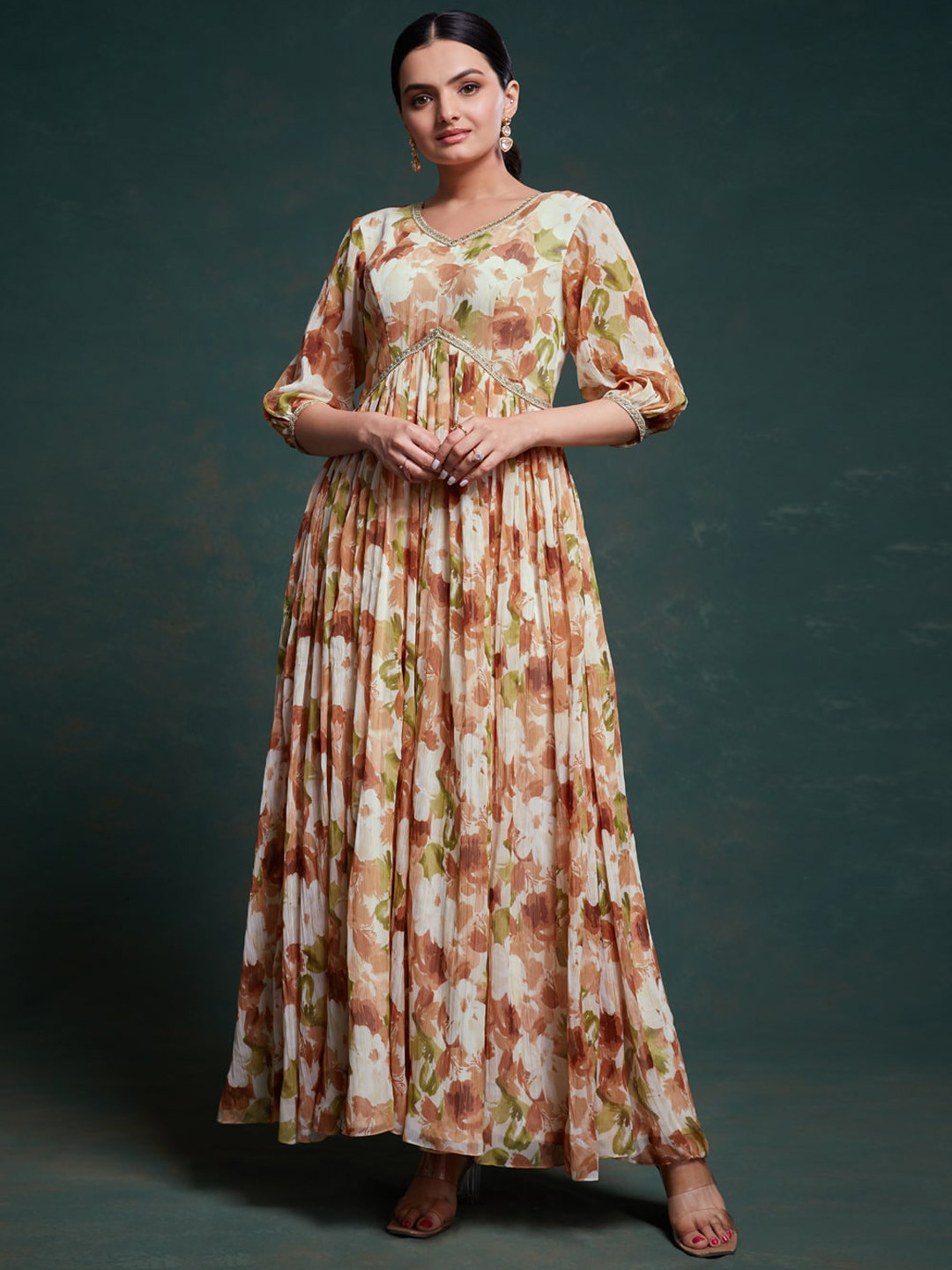 Fusionic Autumnal Floral Printed Empire Flared Dress