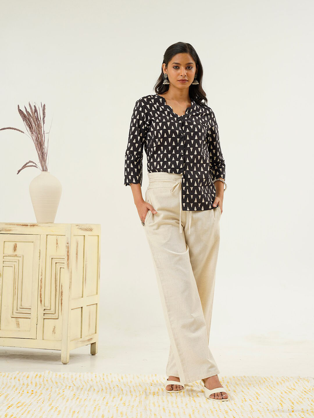 indy Raaga Geometric Block Printed V-Neck Cotton Shirt Style Top